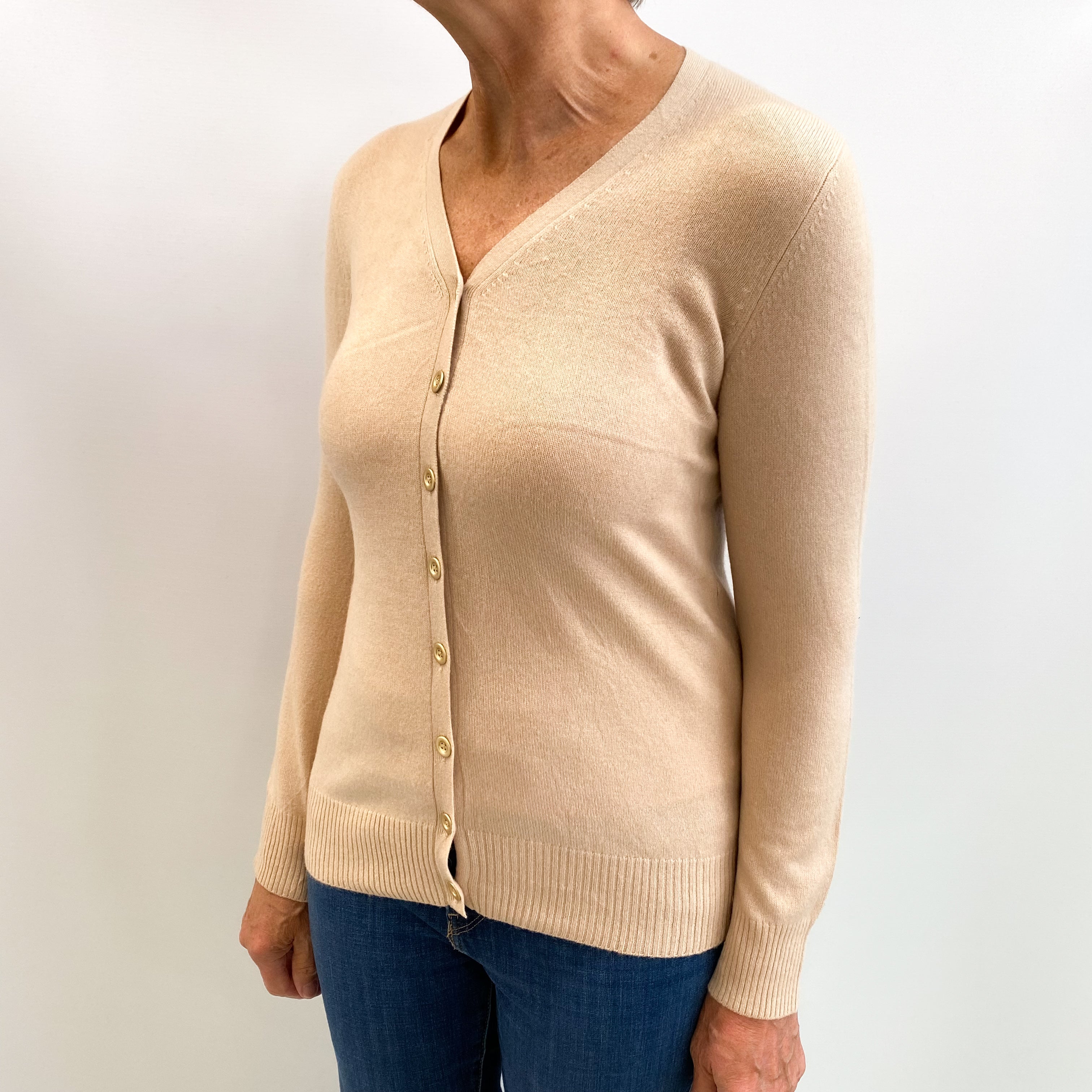 Sand Beige Cashmere V Neck Cardigan Medium