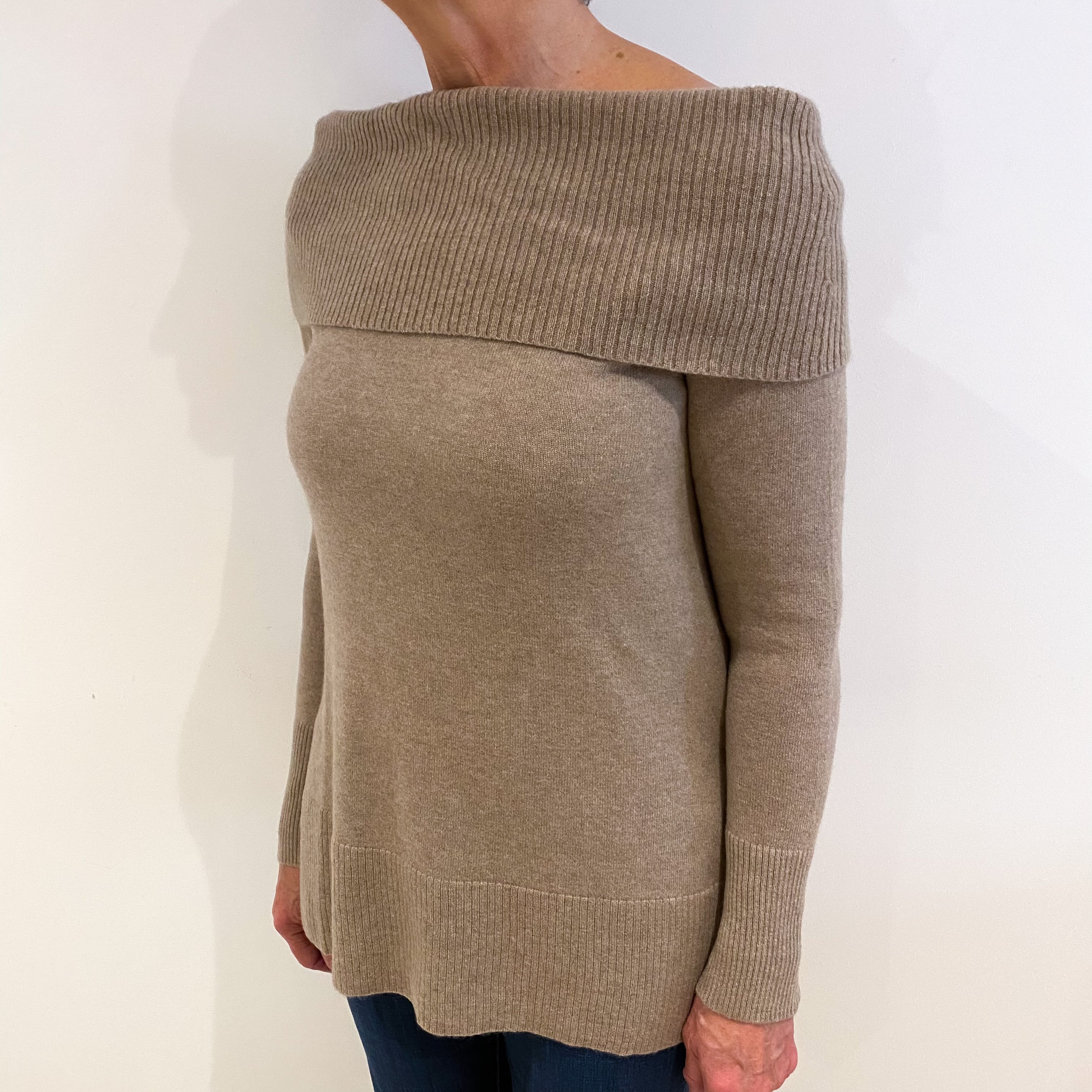 Taupe Brown Cashmere Off Shoulder Jumper Medium