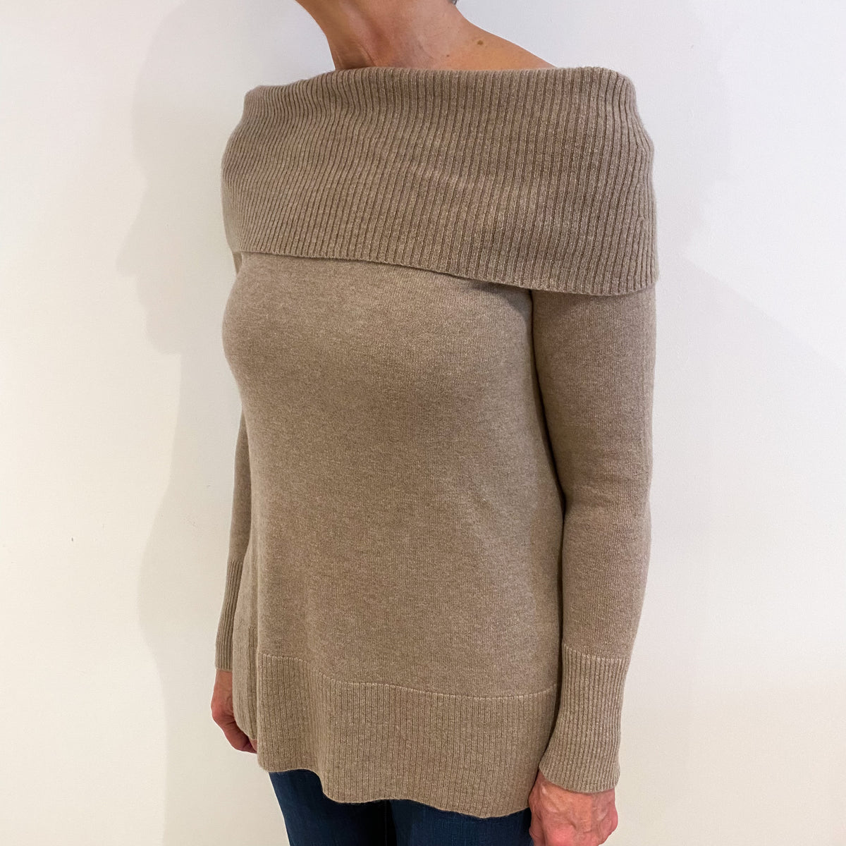 Taupe Brown Cashmere Off Shoulder Jumper Medium