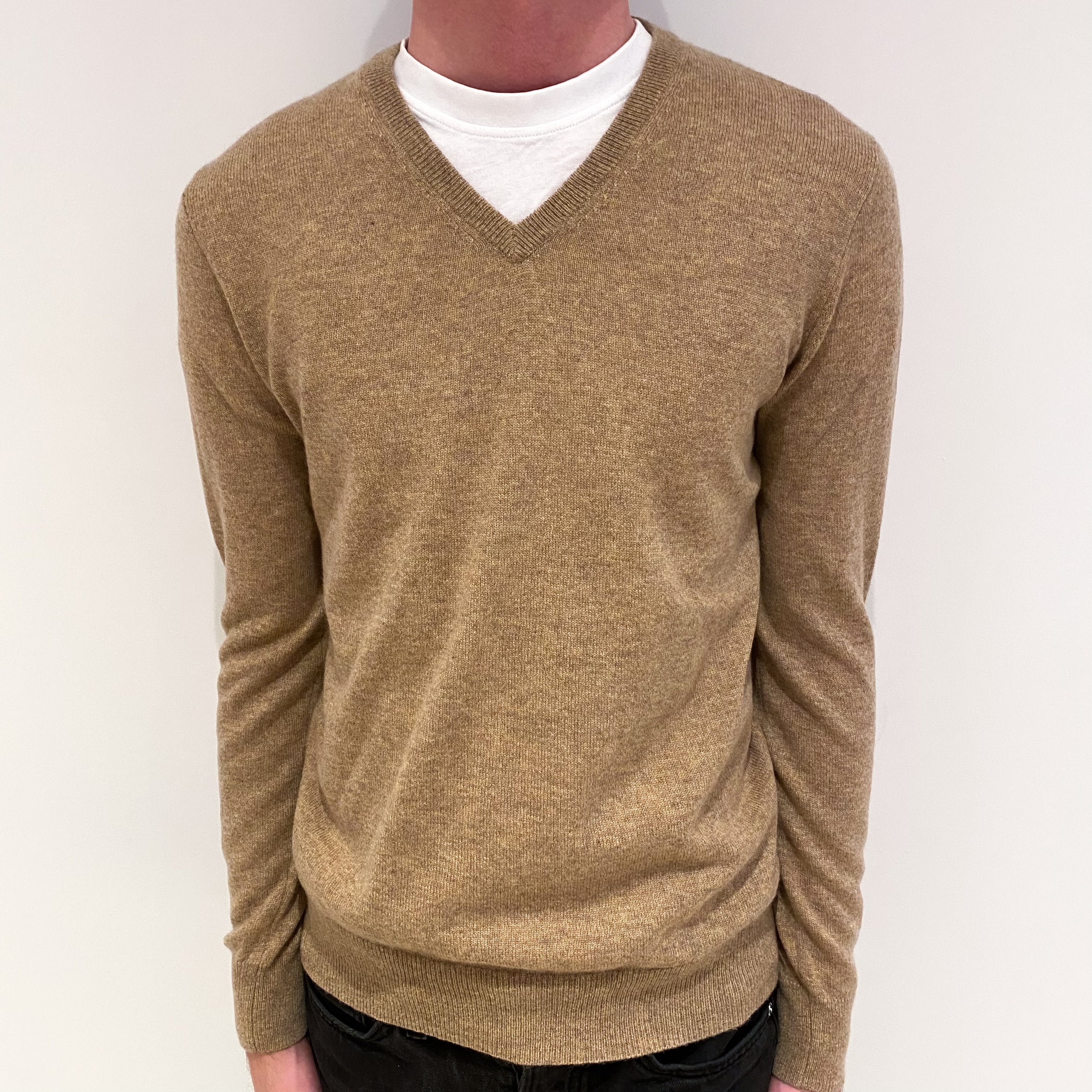 Men's Biscuit Brown Cashmere V-Neck Jumper Small