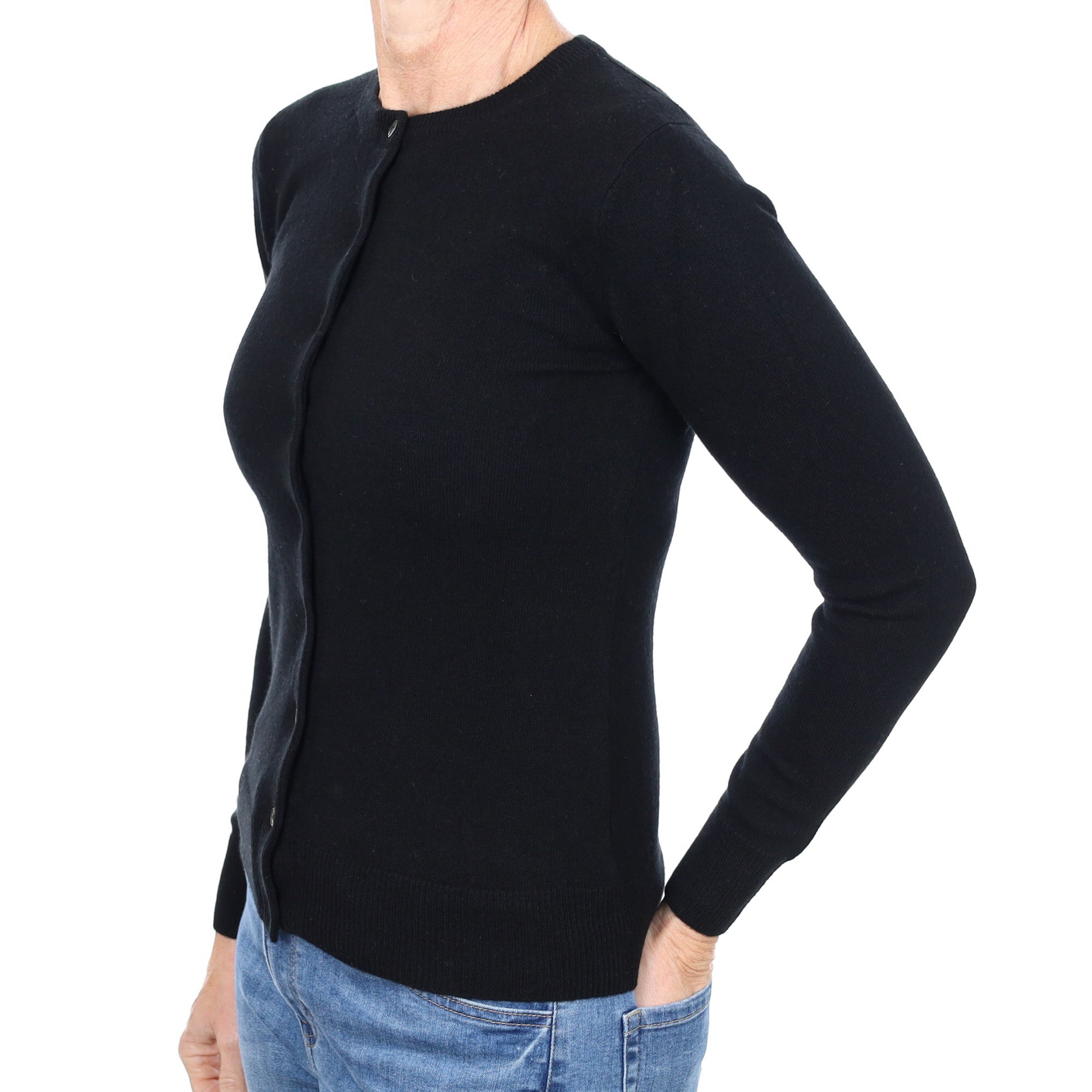 New Black Cashmere Crew Neck Cardigan Small