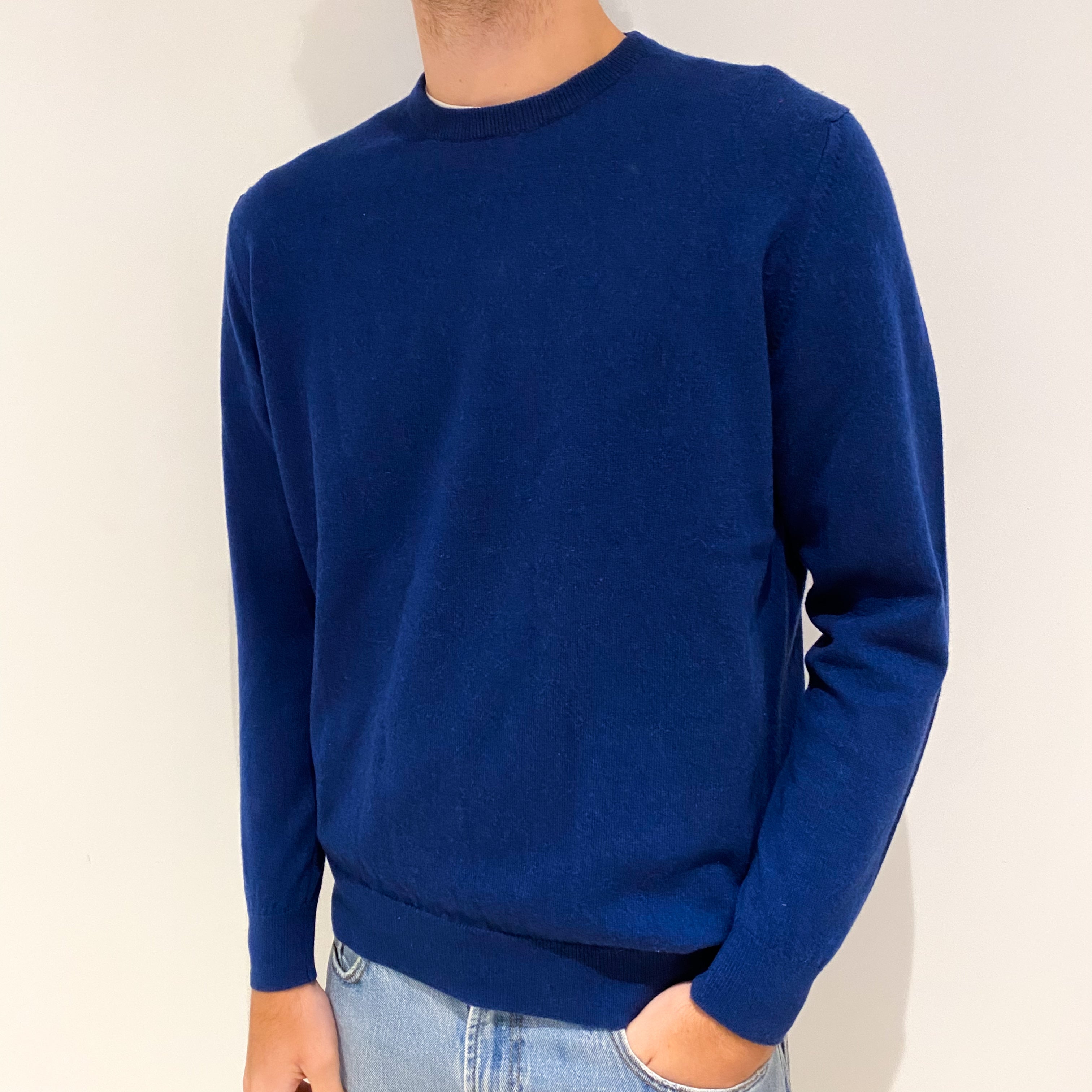 Men's New Deep Ocean Blue Cashmere Crew Neck Jumper Large