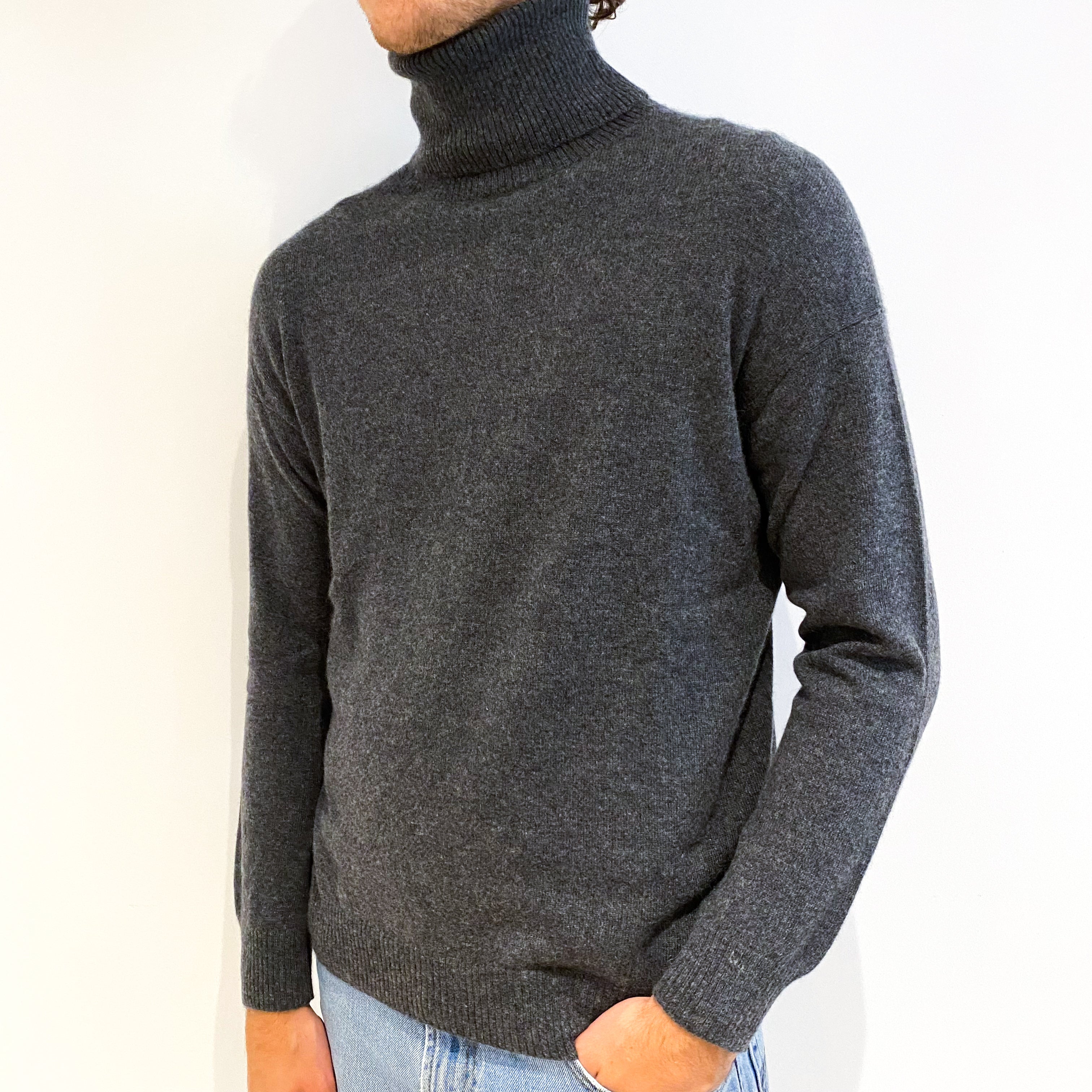Men's Slate Grey Cashmere Polo Neck Jumper Large