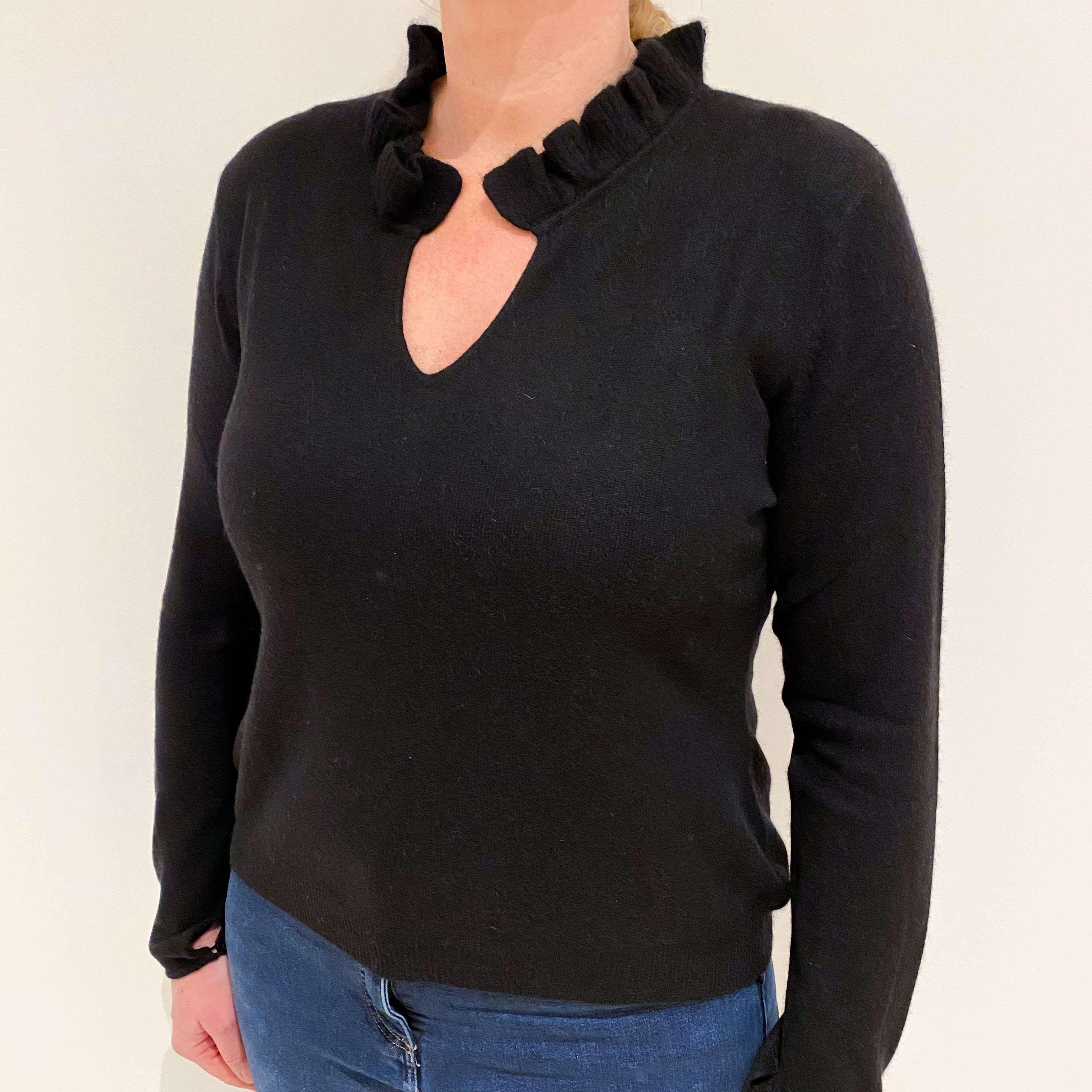 Black Cashmere Ruffle V-Neck Jumper Large