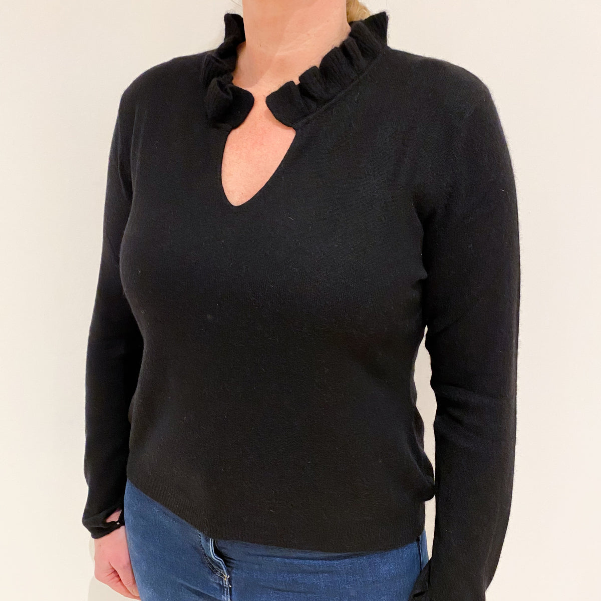 Black Cashmere Ruffle V-Neck Jumper Large