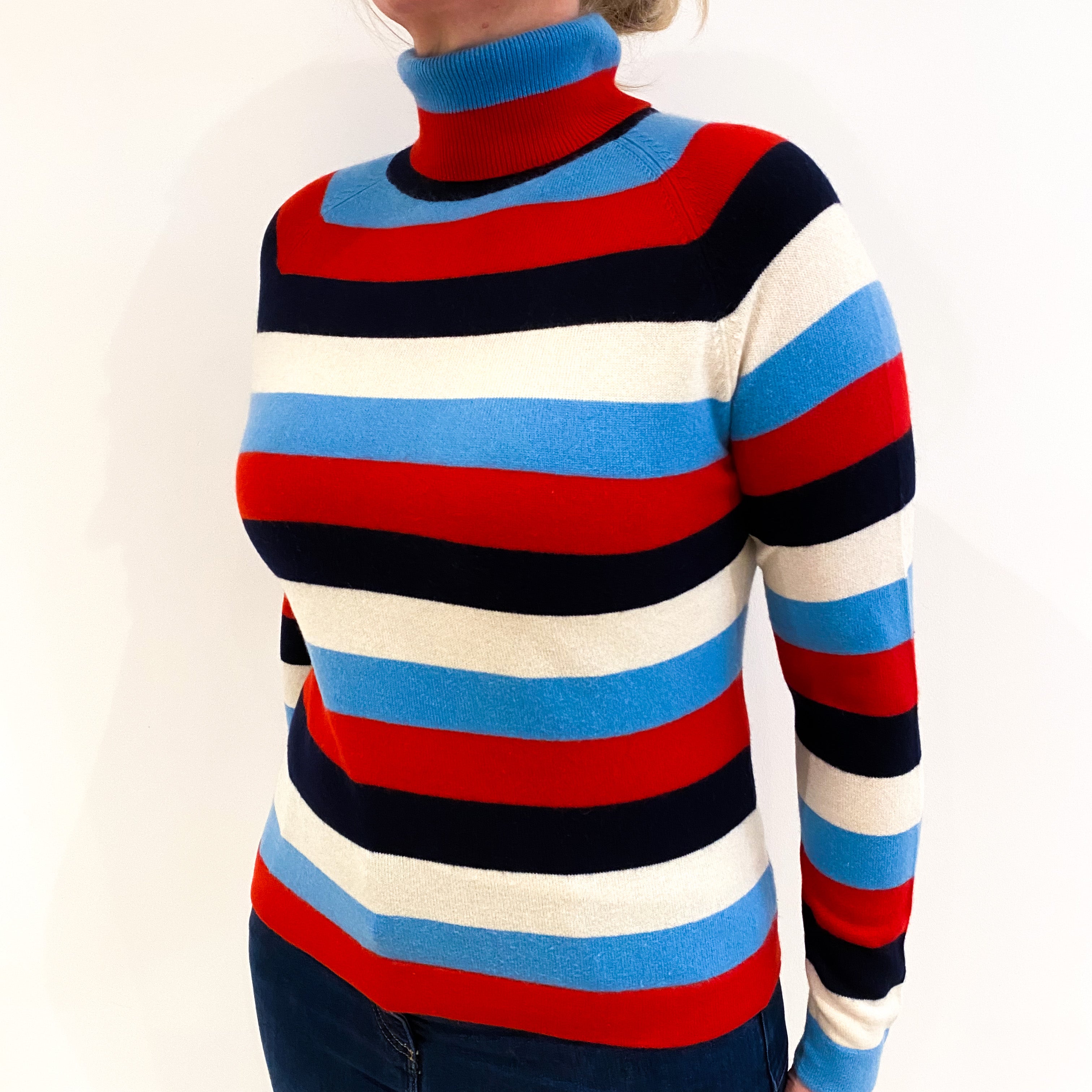 Blue, Cream and Red Striped Cashmere Polo Neck Jumper Large