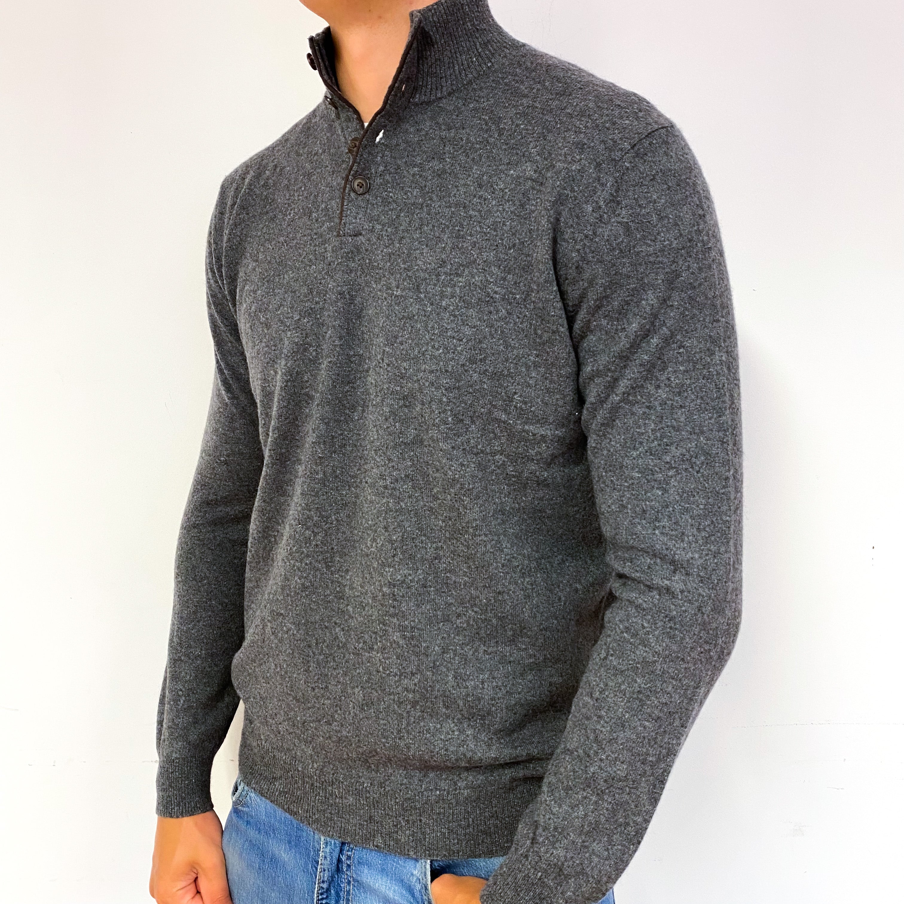 Men's Slate Grey Cashmere 1/4 Button Jumper Extra Large