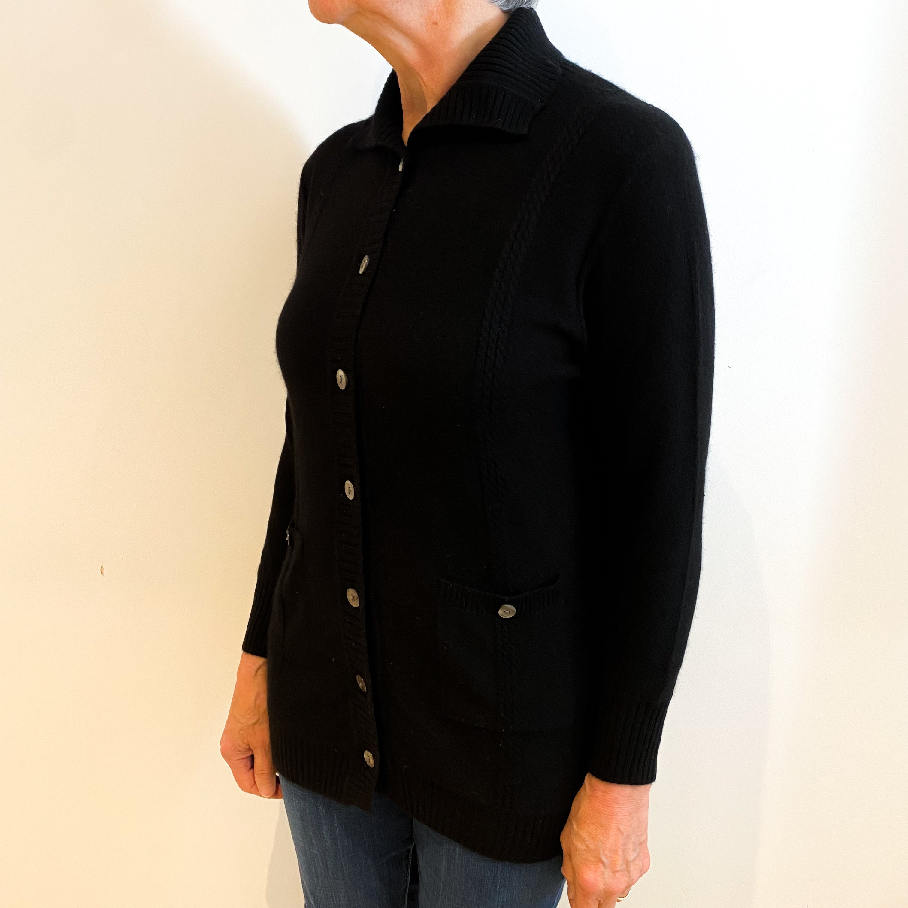 Black Cashmere Collared Cardigan with Pockets Medium