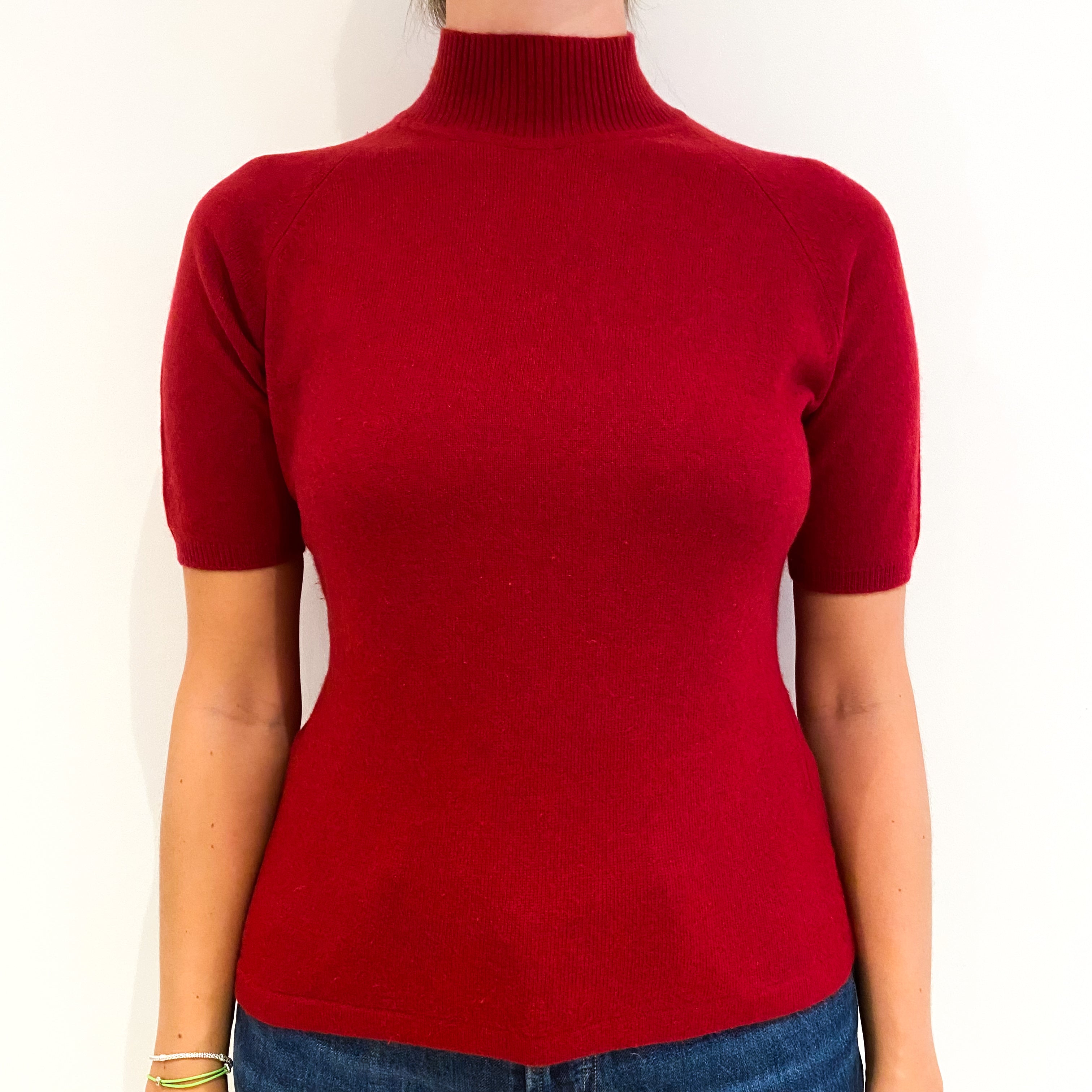 Crimson Red Short Sleeved Cashmere Turtle Neck Jumper Medium