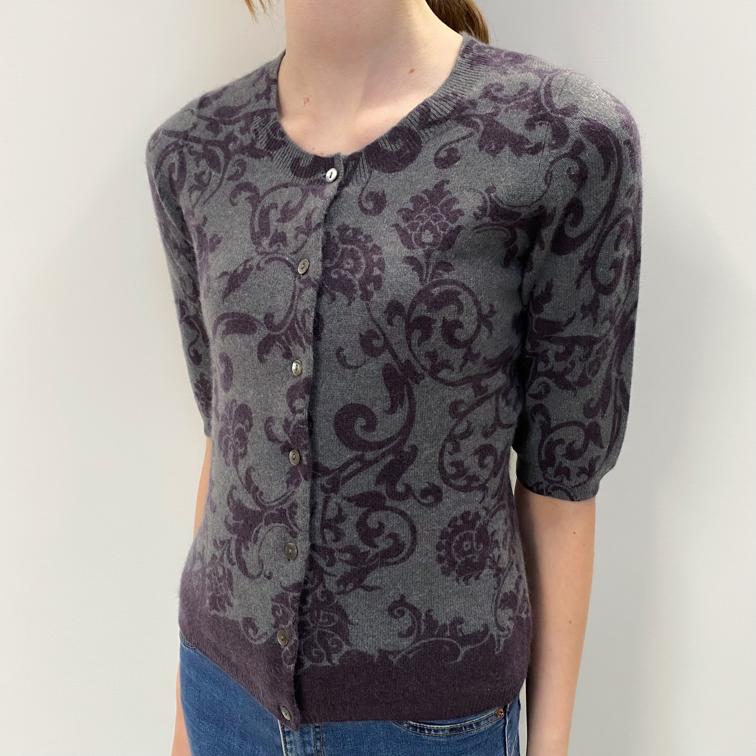 Grey Purple Patterned Cashmere Crew Cardigan Extra Small