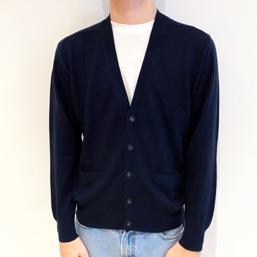 Men's Dark Navy Blue Cashmere V Neck Cardigan With Pockets Large