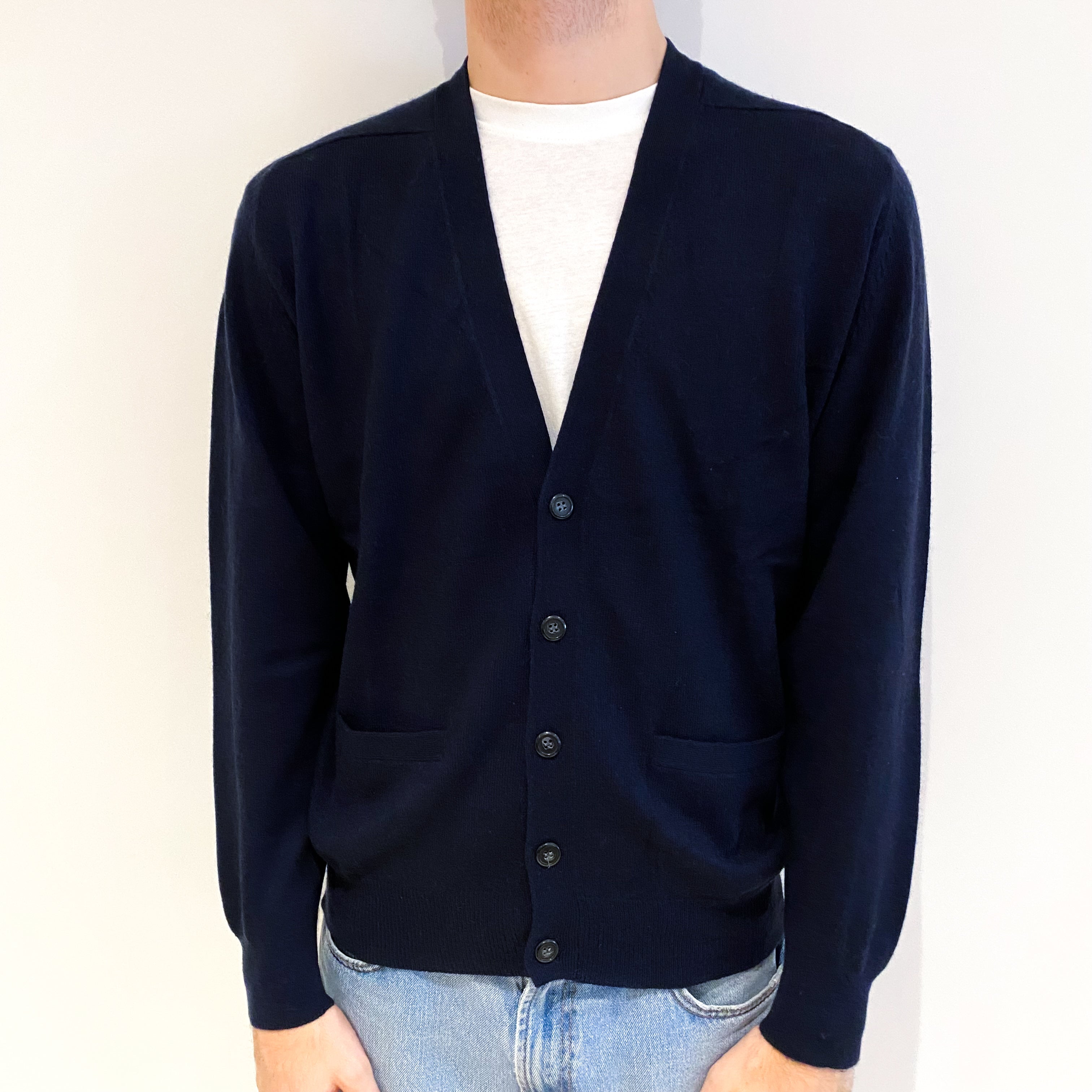 Men's Dark Navy Blue Cashmere V Neck Cardigan With Pockets Large