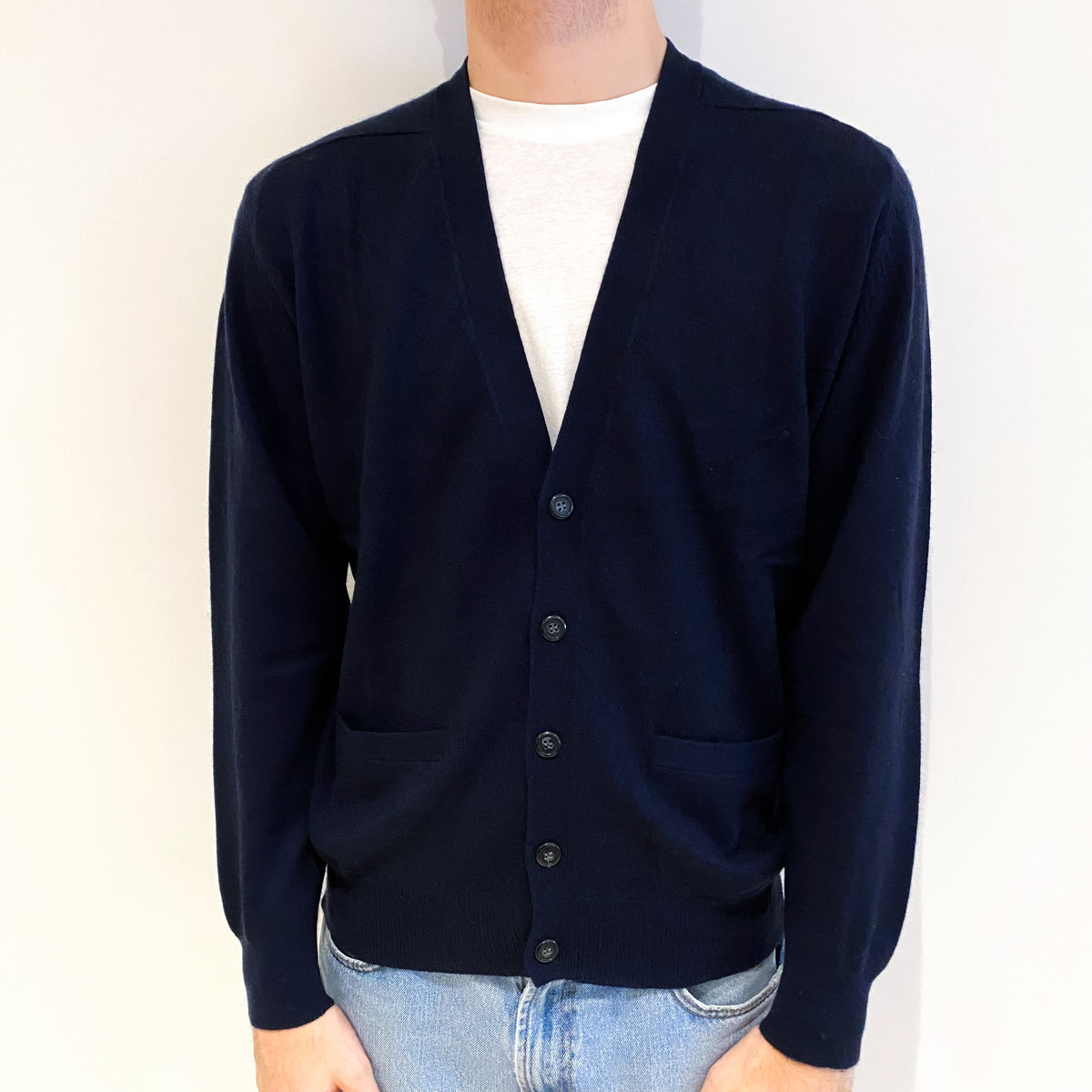Men's Dark Navy Blue Cashmere V Neck Cardigan With Pockets Large