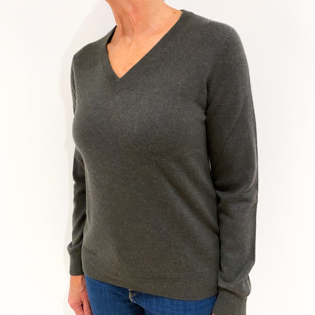 Khaki Green Cashmere V-Neck Jumper Medium