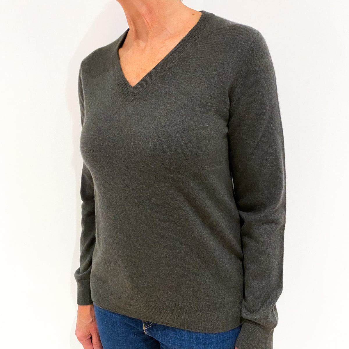 Khaki Green Cashmere V-Neck Jumper Medium