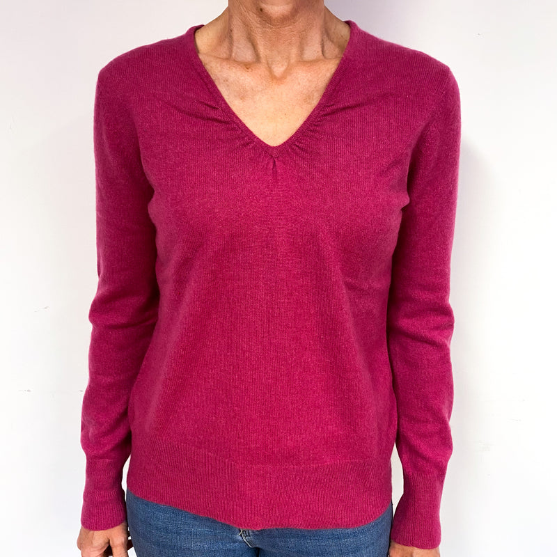 Raspberry Pink Cashmere Ruched V-Neck Jumper Medium