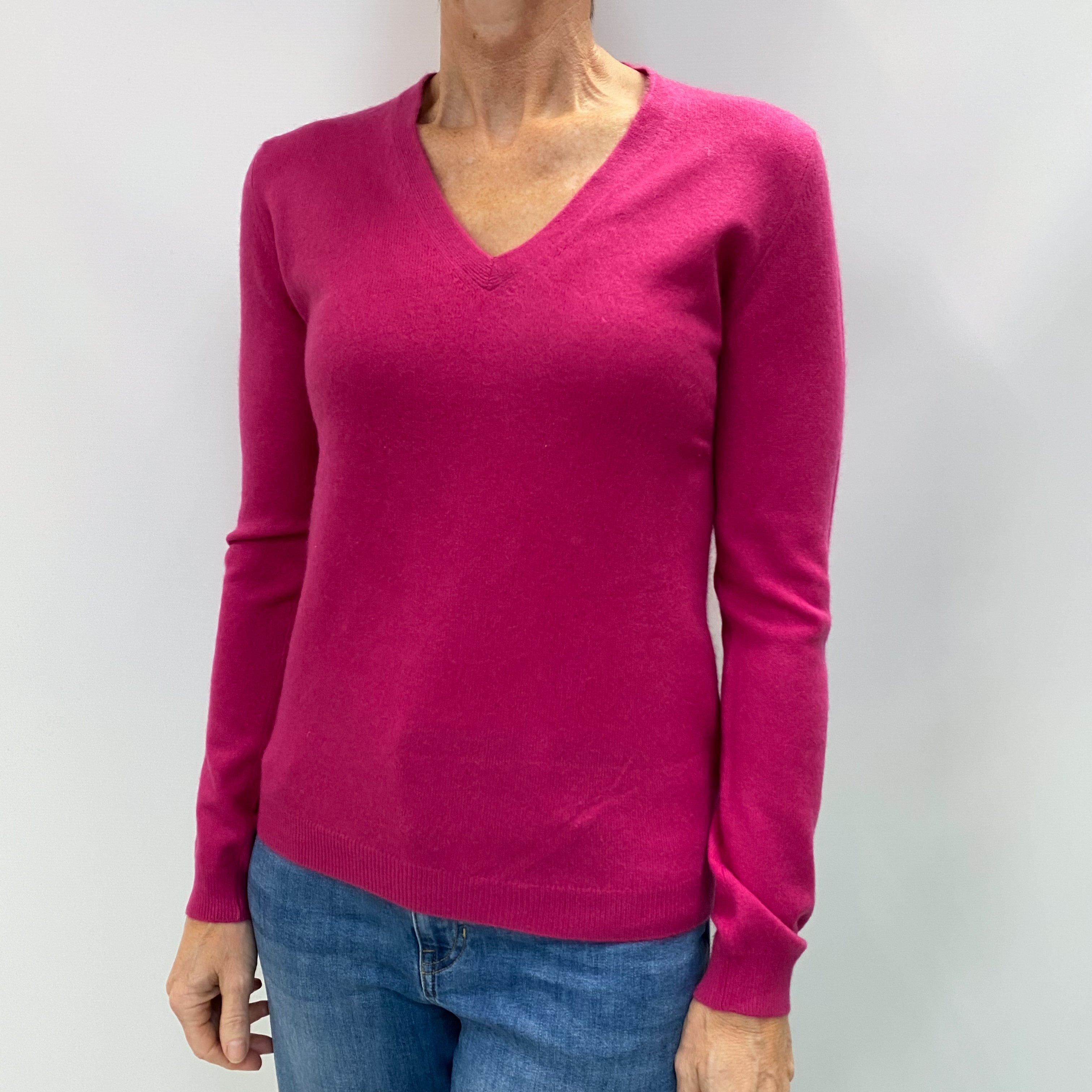 Fuchsia Pink Cashmere V Neck Jumper Small