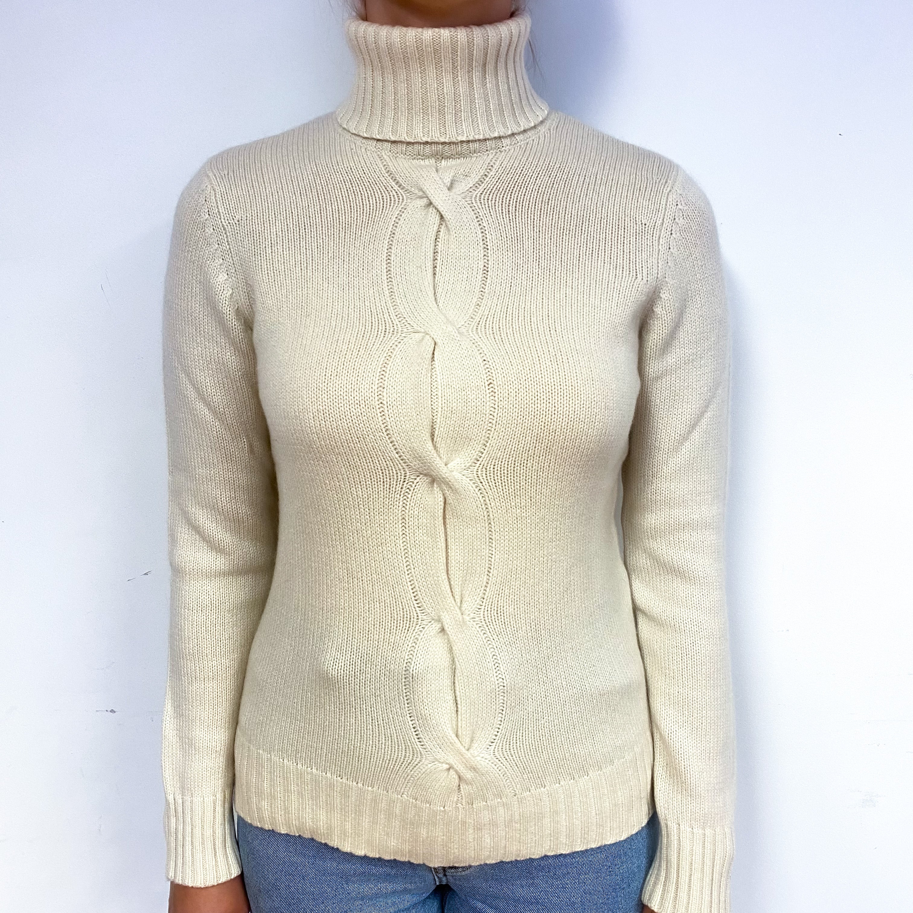 Cream Heavy Knit Cashmere Polo Neck Jumper Small