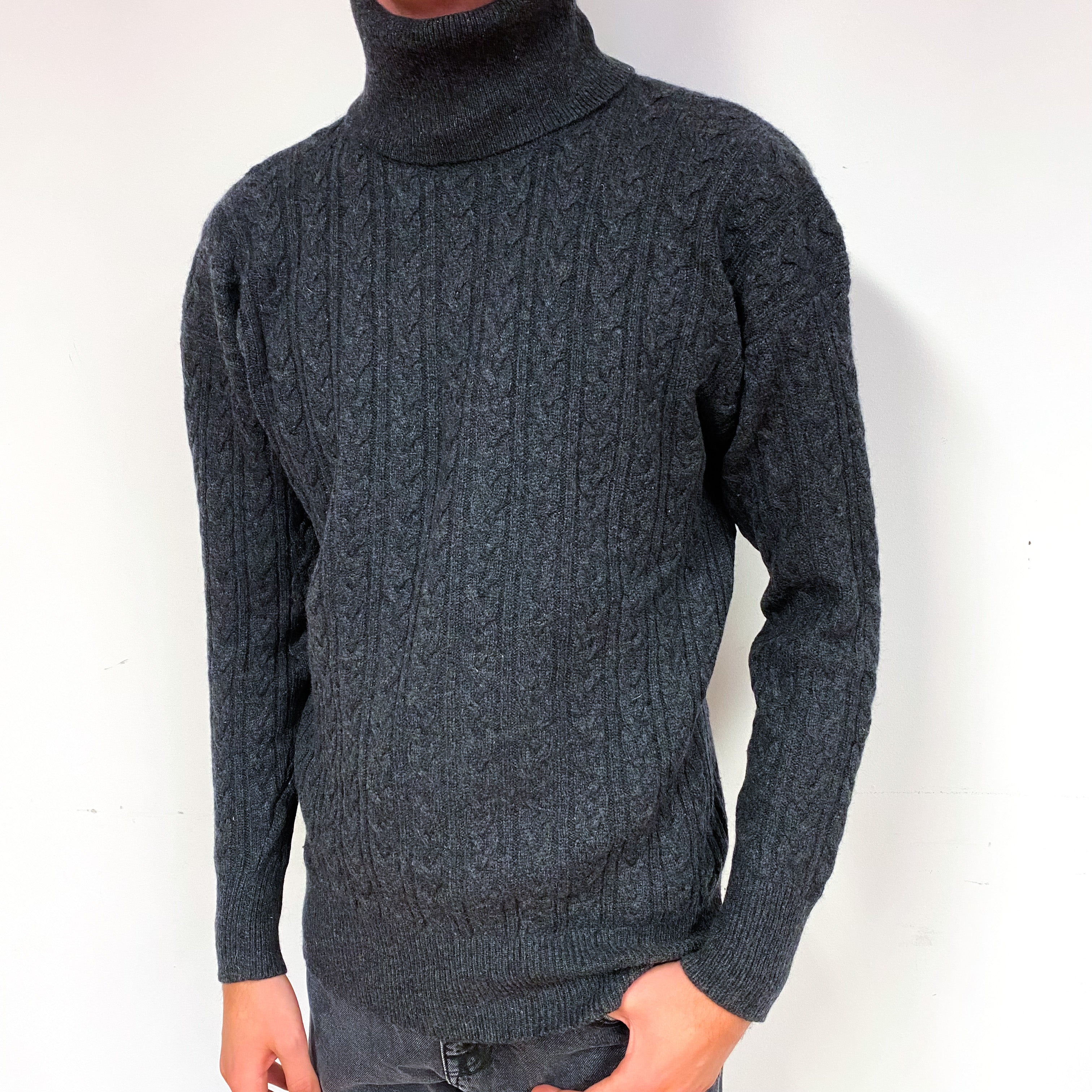 Men's Slate Grey Cable Cashmere Polo Neck Jumper Small