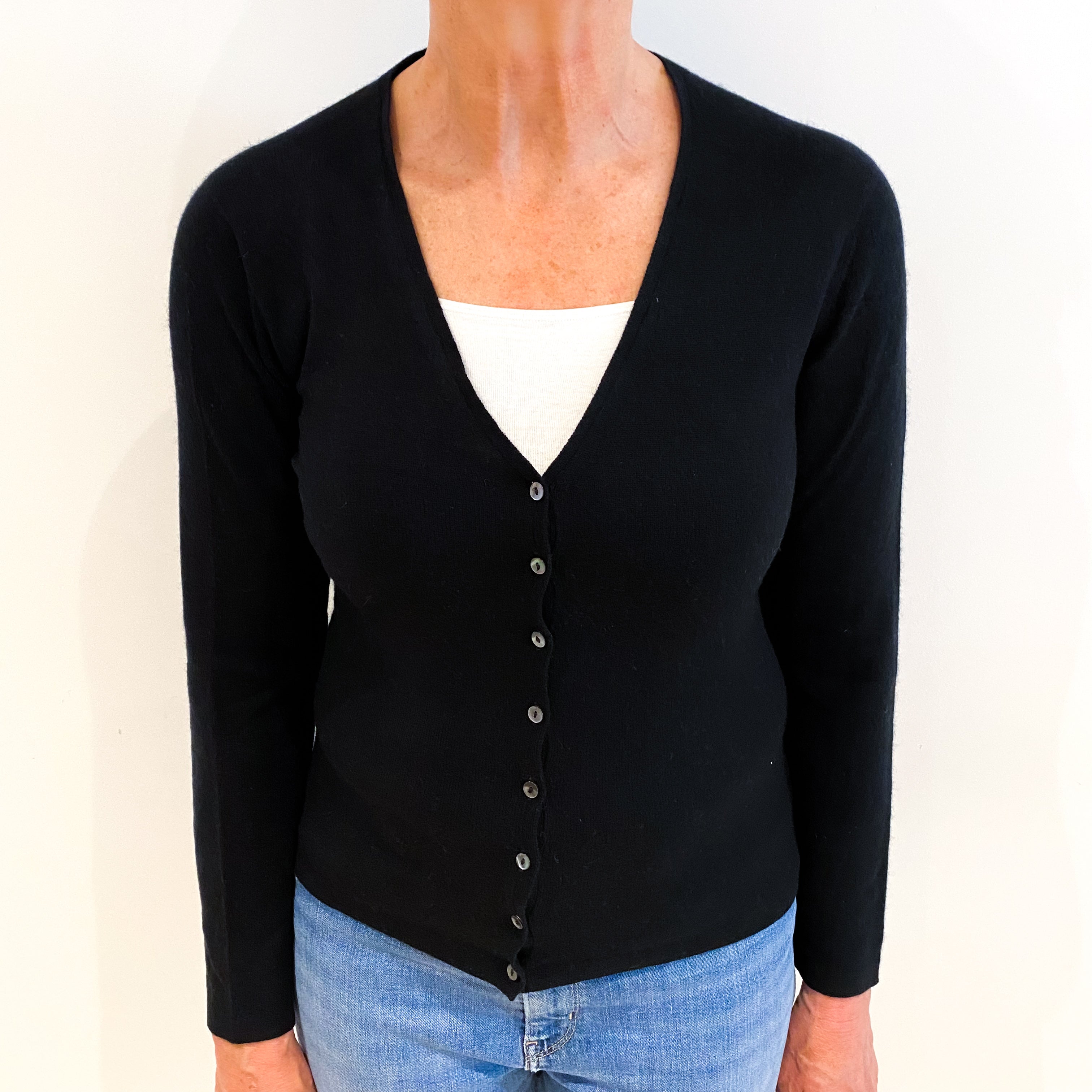 Brora Black Cashmere V Neck Cardigan Medium