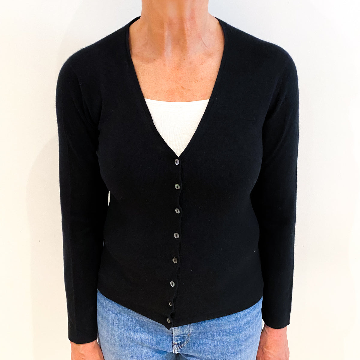 Brora Black Cashmere V Neck Cardigan Medium