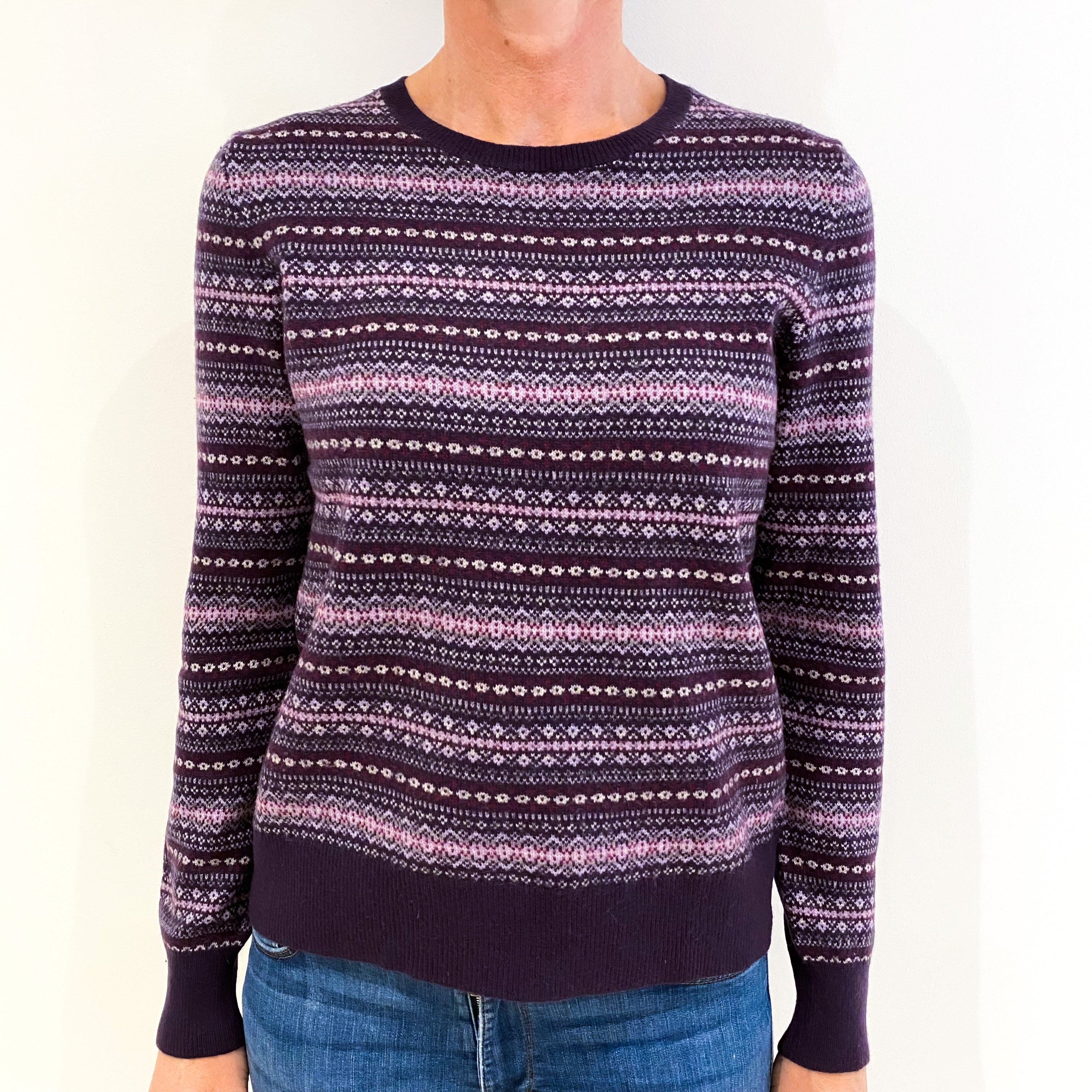 Purple Fair Isle Cashmere Crew Neck Jumper Small