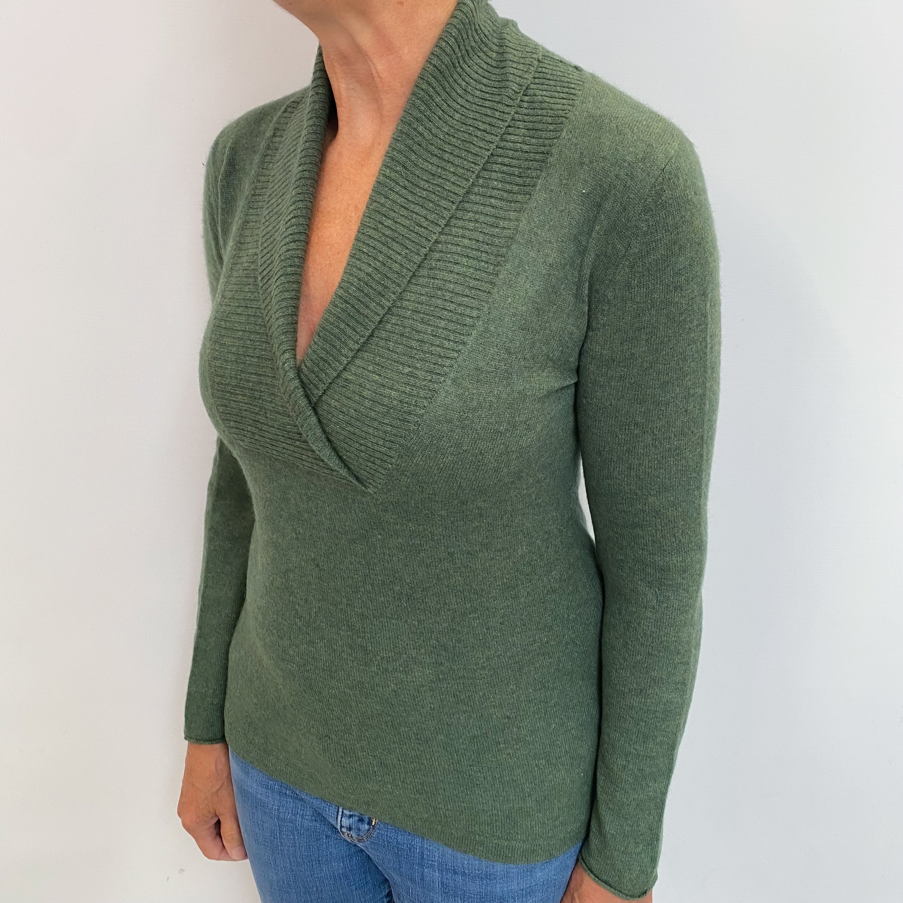 Moss Green Cashmere Shawl Collar V Neck Jumper Medium