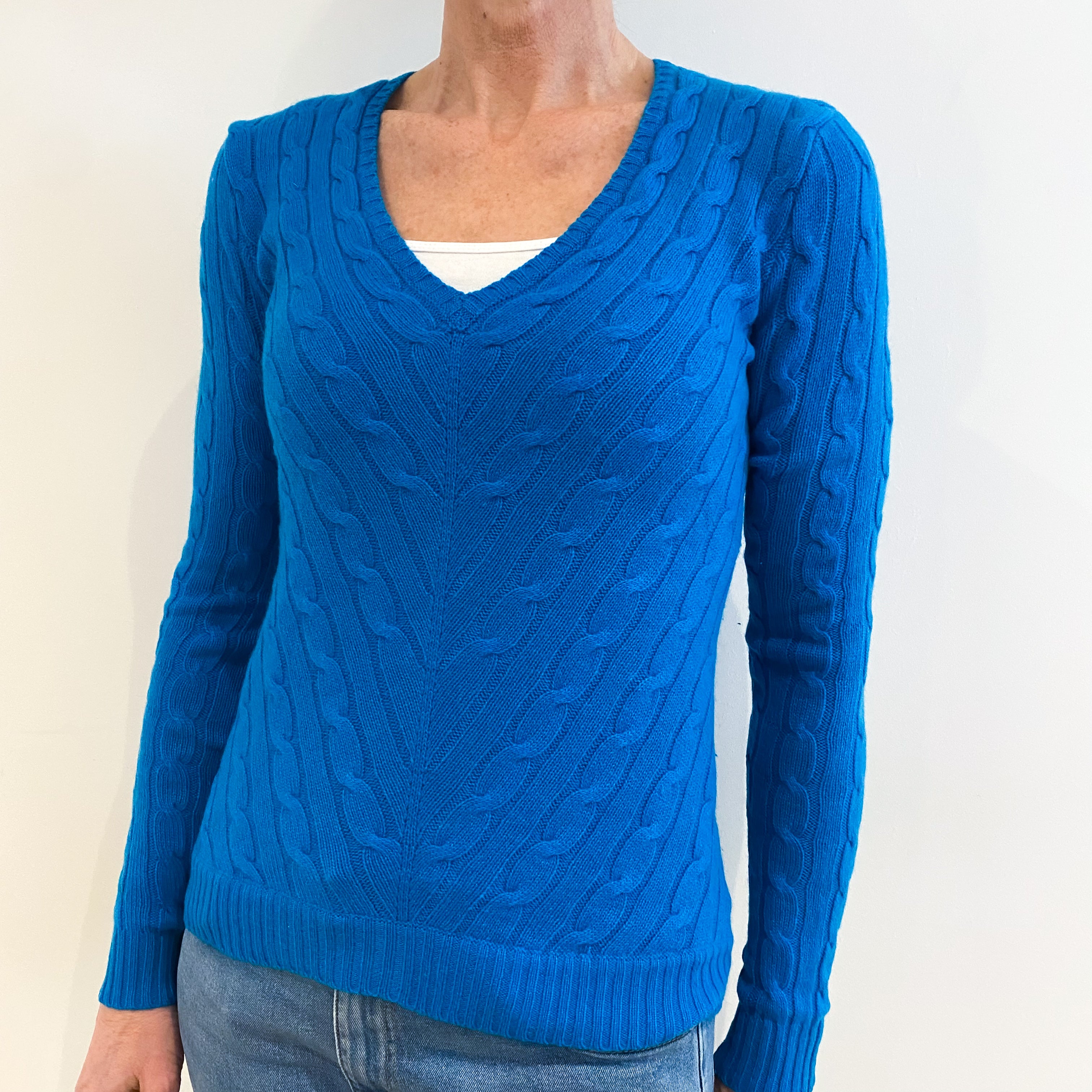 Ralph Lauren Turquoise Blue Cable Cashmere V Neck Jumper Small