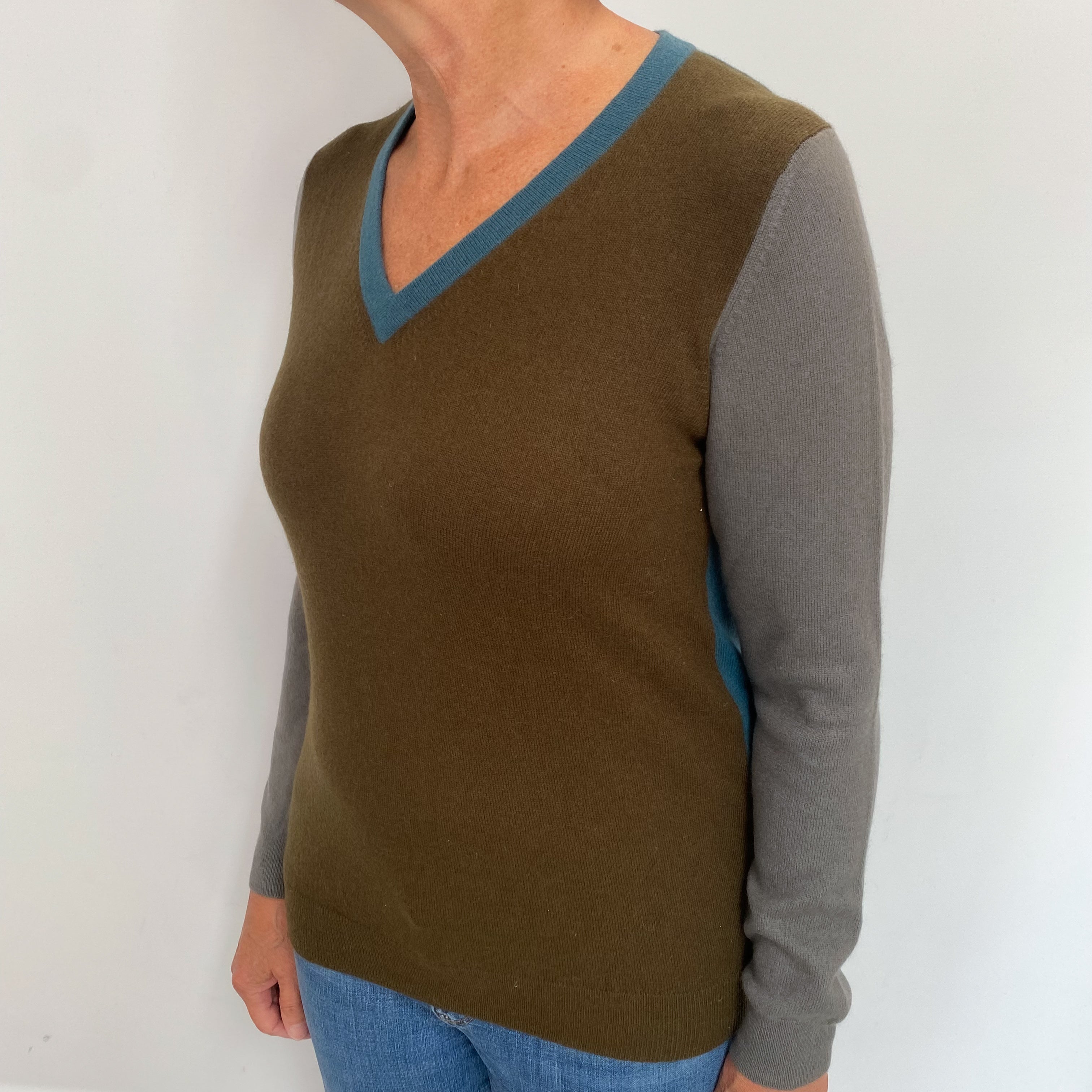Army Green and Muted Mushroom Grey and Teal Cashmere V Neck Jumper Medium