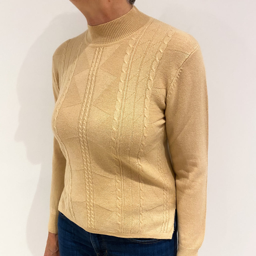 Beige Cashmere Cable Turtle Neck Jumper Medium
