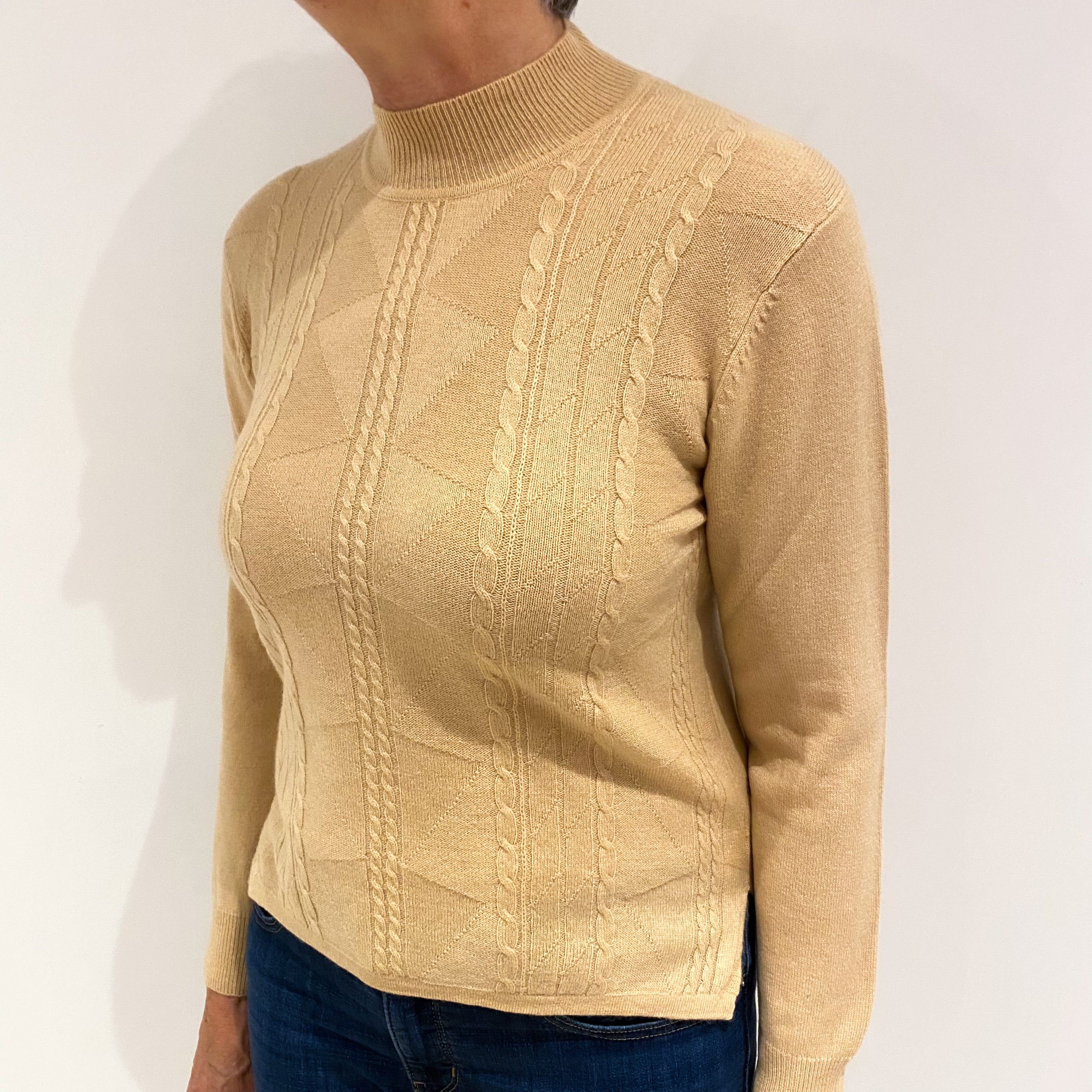 Beige Cashmere Cable Turtle Neck Jumper Medium