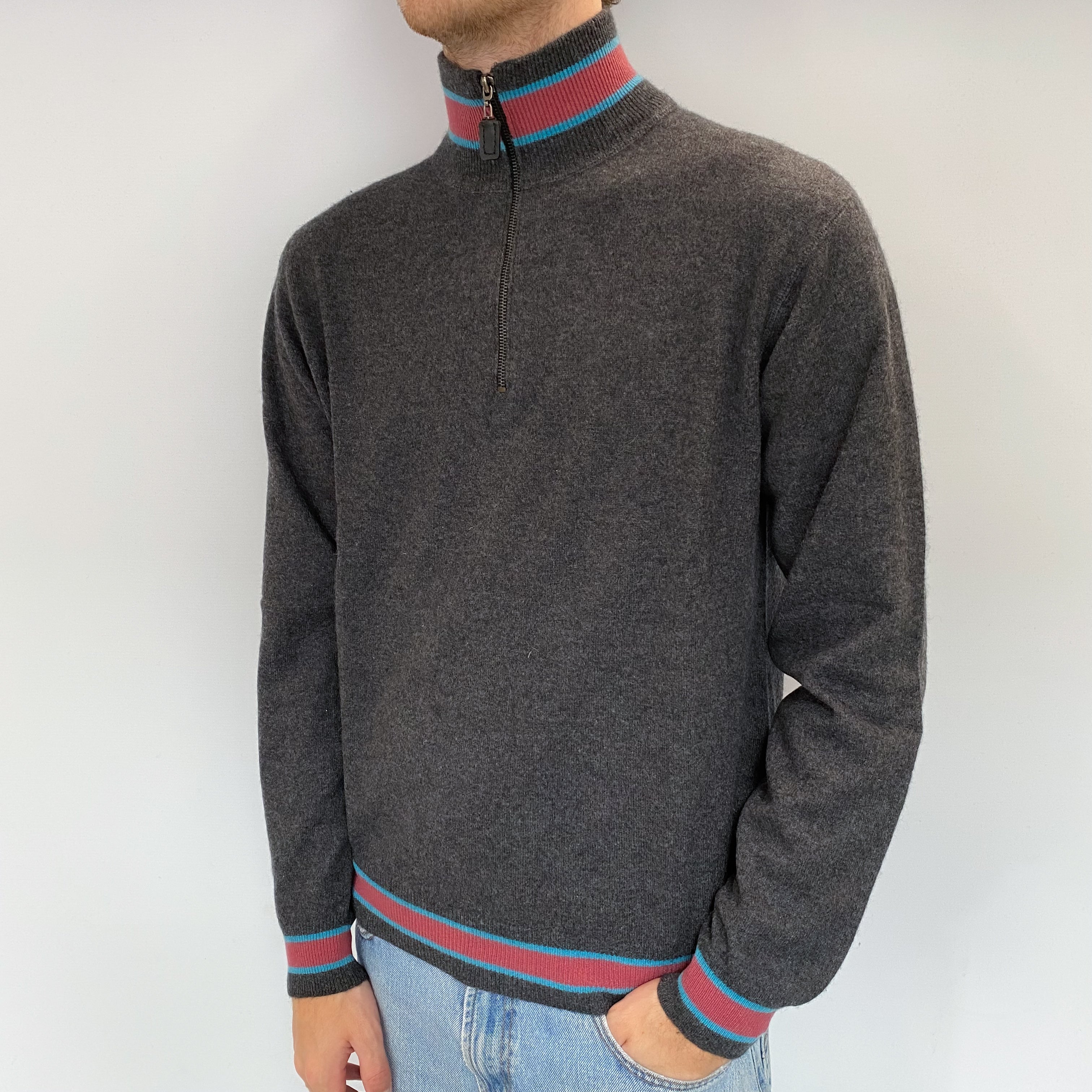Men's Charcoal Pink Trim Cashmere 1/4 Zip Jumper Large