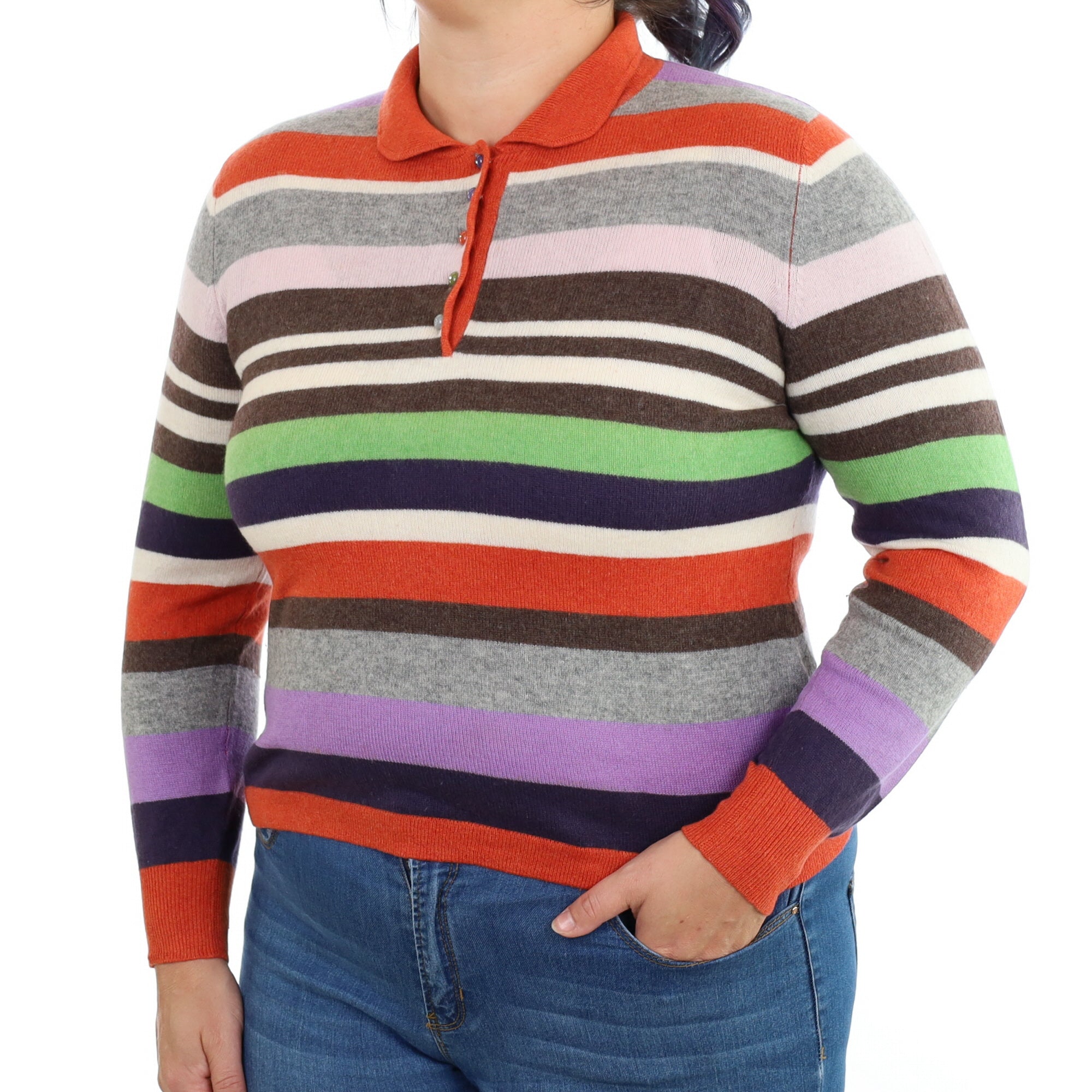 Multi Colour Stripe Cashmere Collared Crew Neck Jumper Large