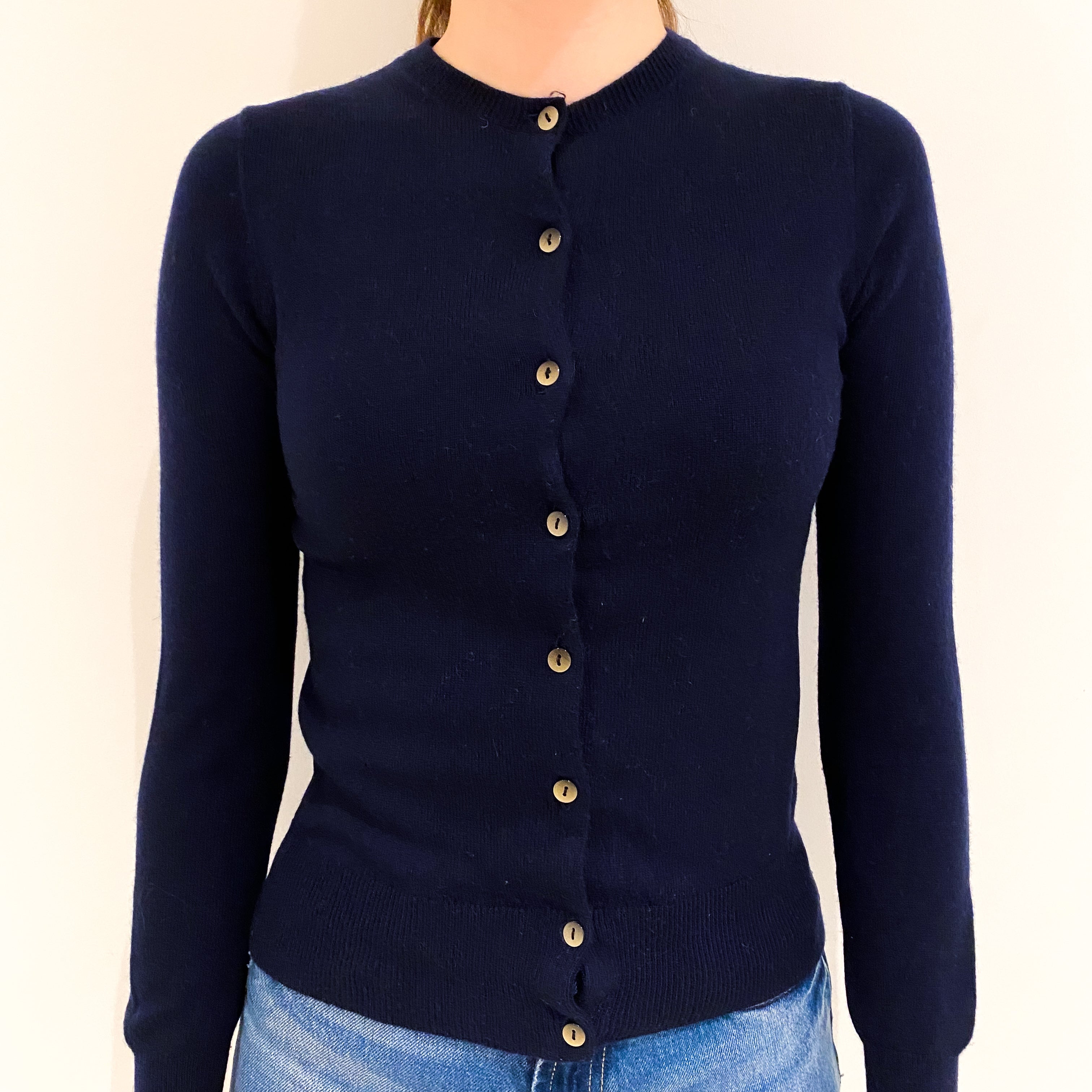 Navy Blue Cashmere Crew Neck Cardigan Extra Small