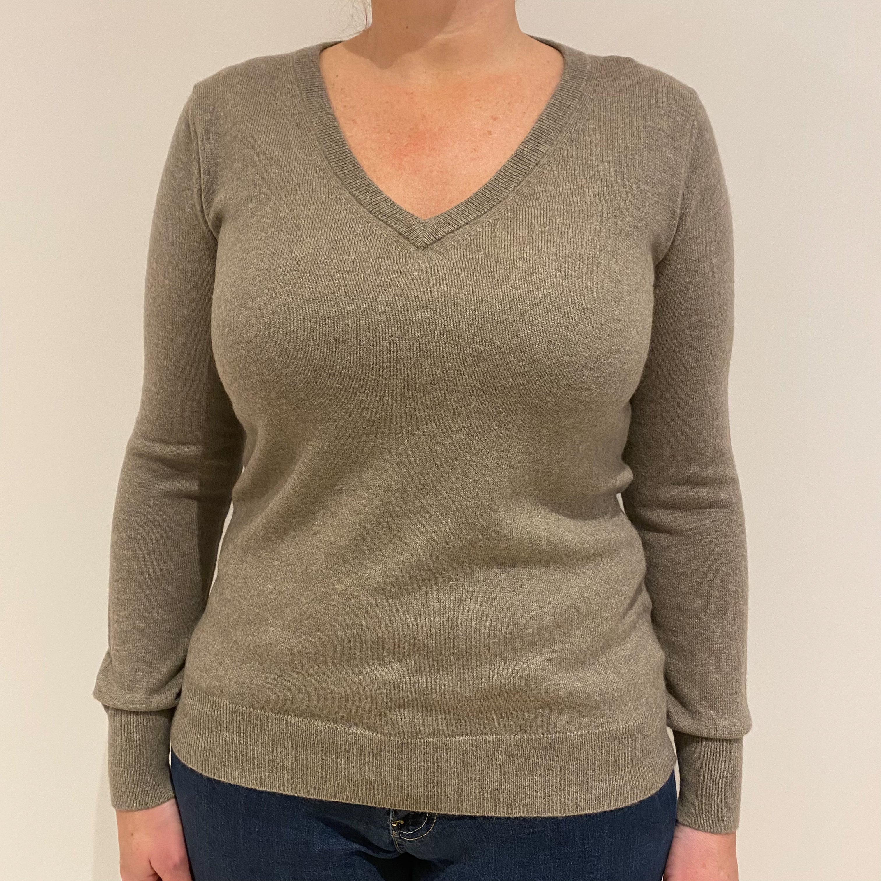 Fawn Beige Cashmere V-Neck Jumper Large