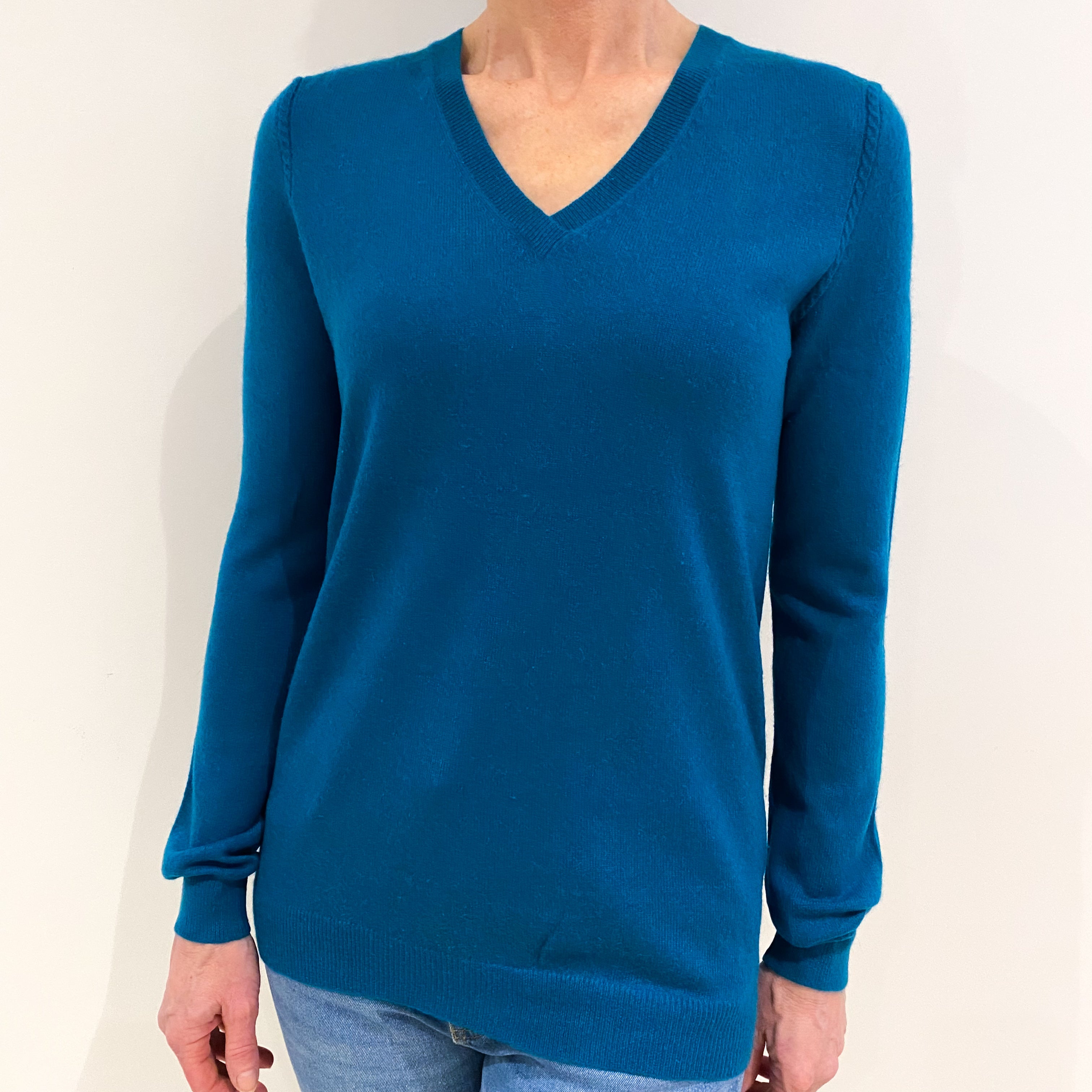 Teal Green Cashmere V Neck Jumper with Cable Detail on Top of Sleeve Small