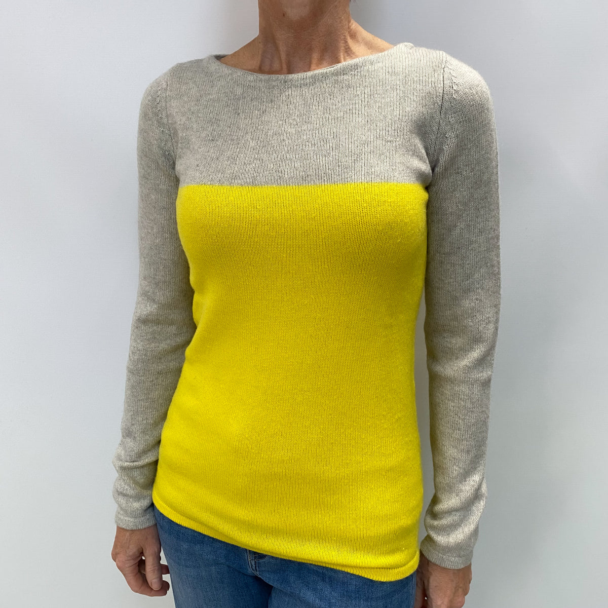 Frost Grey and Lemon Colour Block Cashmere Crew Neck Jumper Small