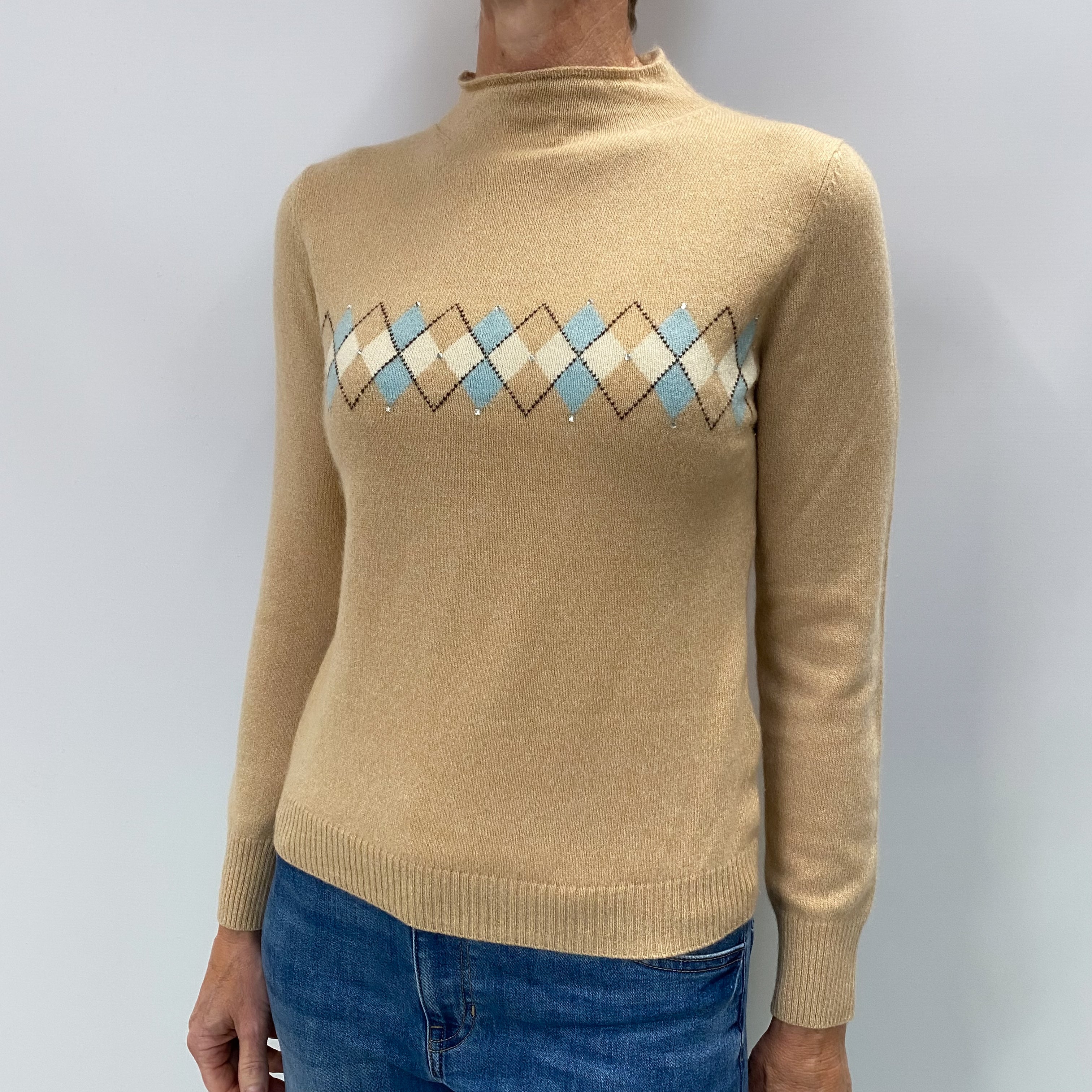 Caramel Brown Cashmere Funnel Neck Jumper Small