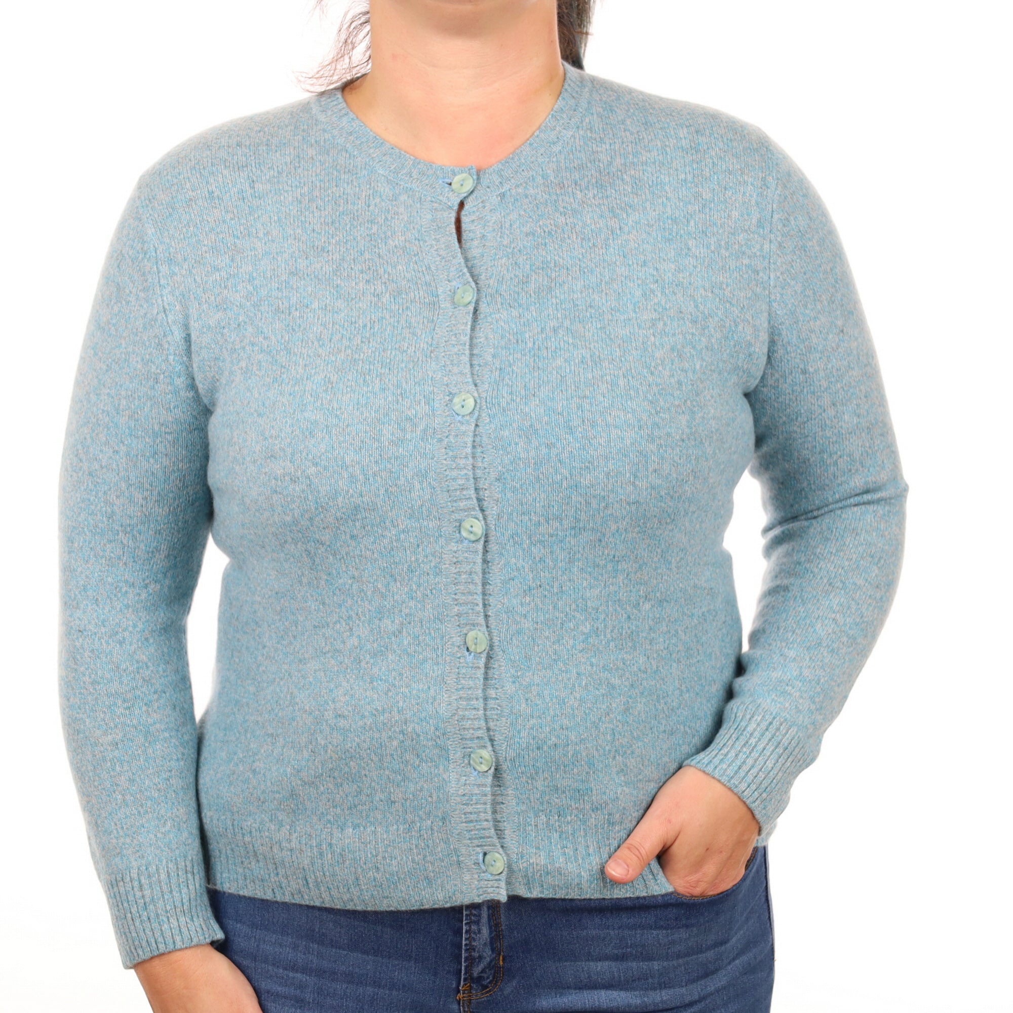 Aqua Grey Marl Cashmere Crew Neck Cardigan Large