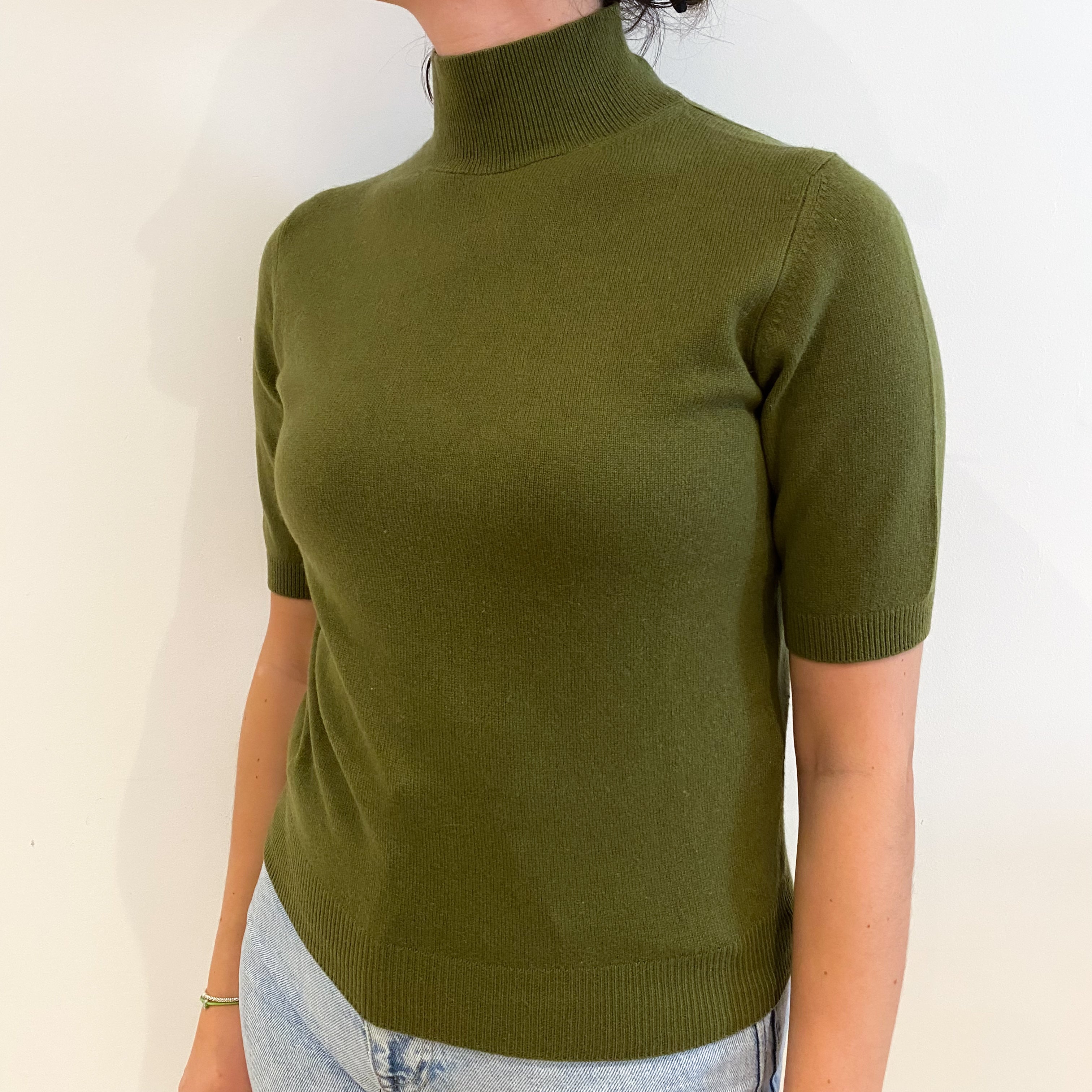 Army Green Cashmere Turtle Neck Short Sleeved Jumper Small