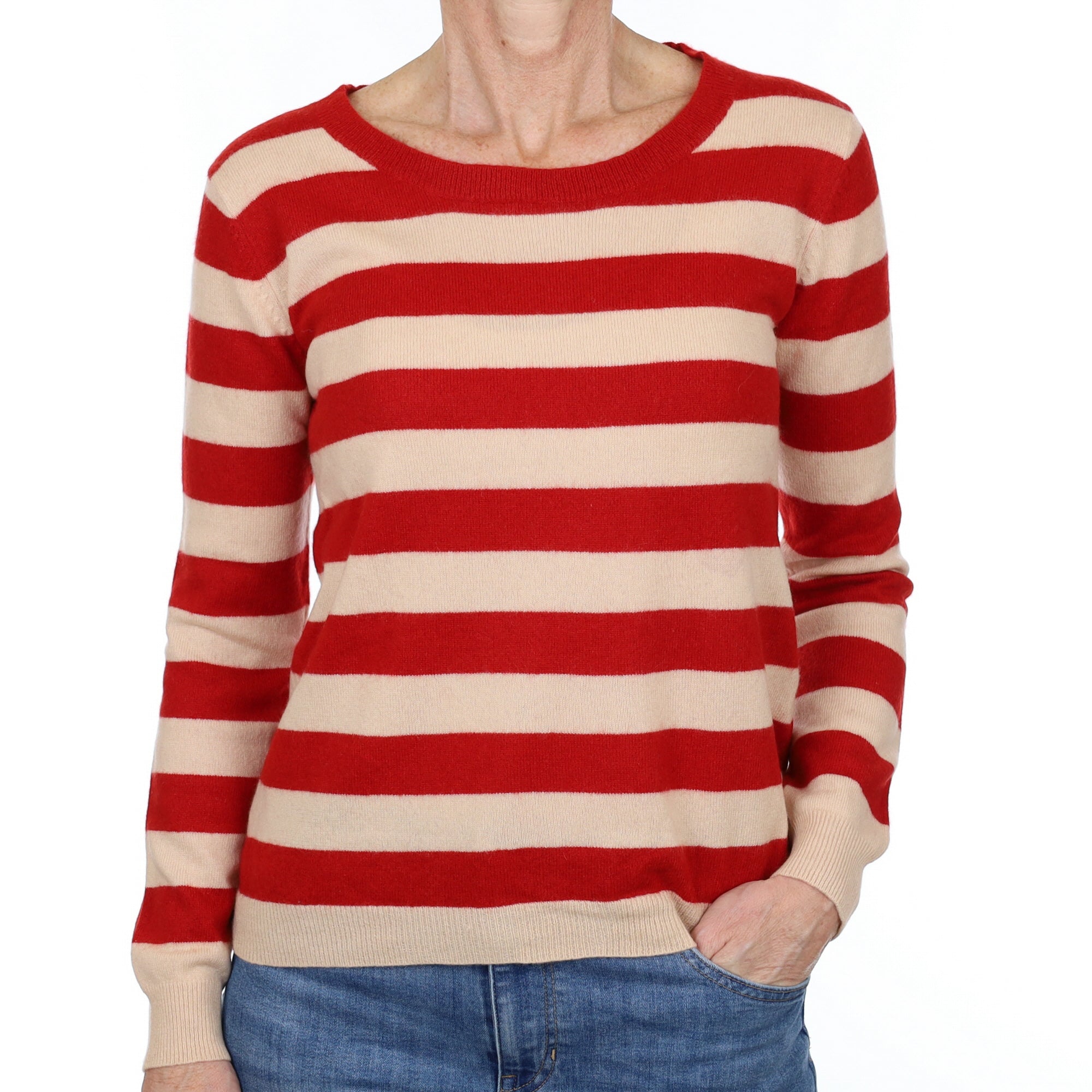 Red and Beige Stripe Cashmere Crew Neck Jumper Small
