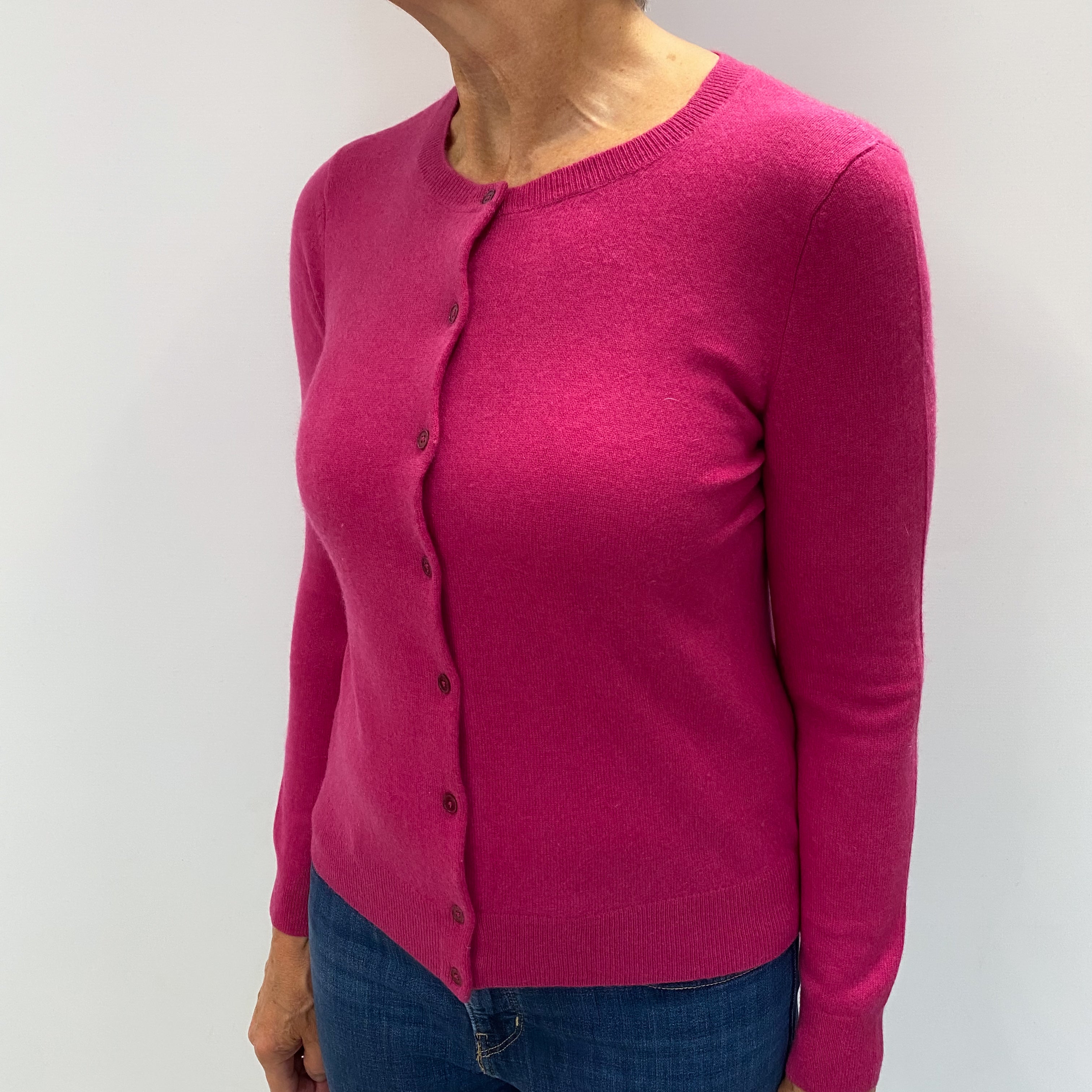 Fuchsia Pink Cashmere Crew Neck Cardigan Medium