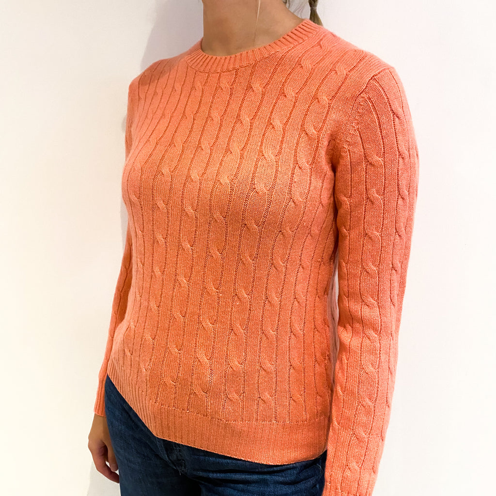 Coral Pink Cable Cashmere Crew Neck Jumper Small