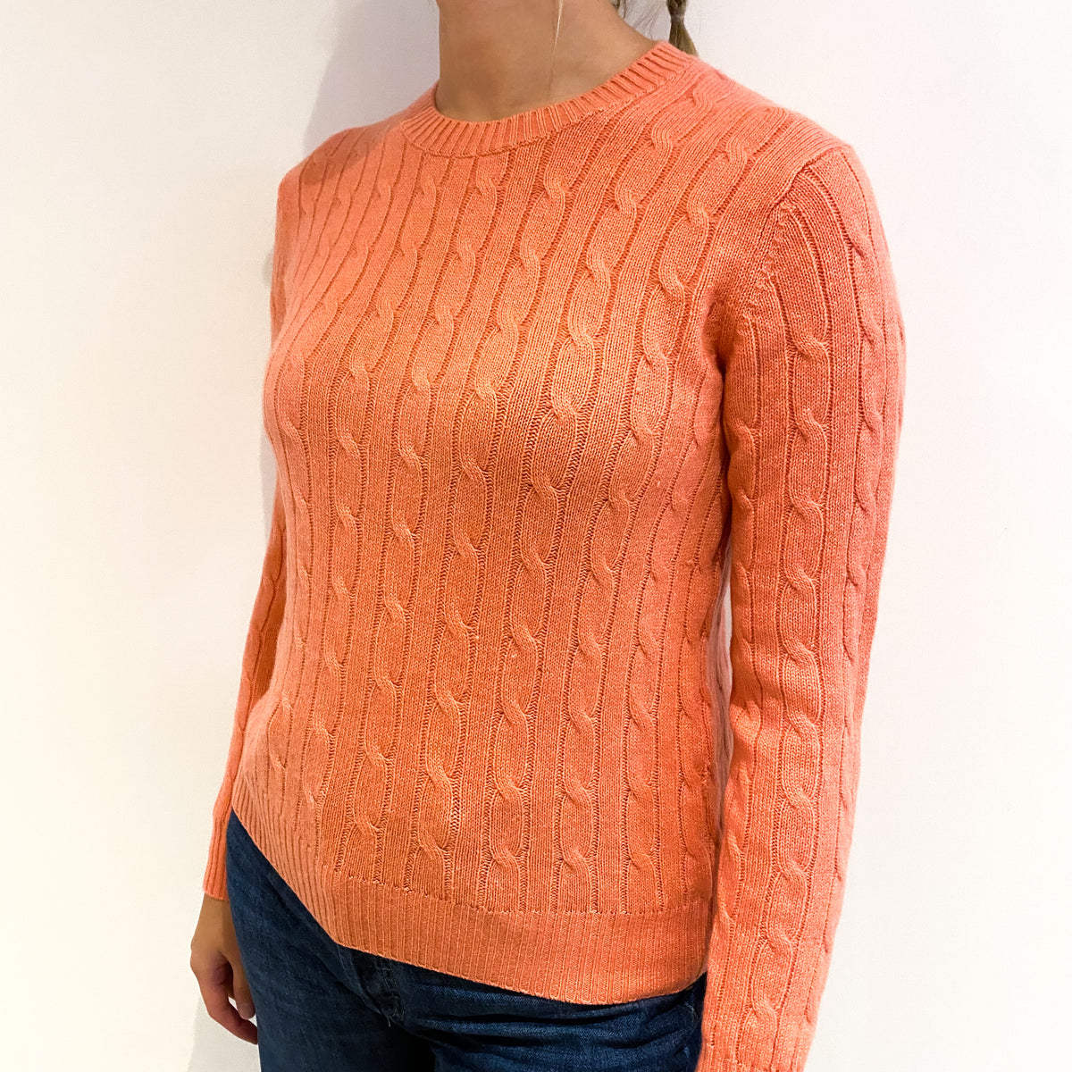 Coral Pink Cable Cashmere Crew Neck Jumper Small