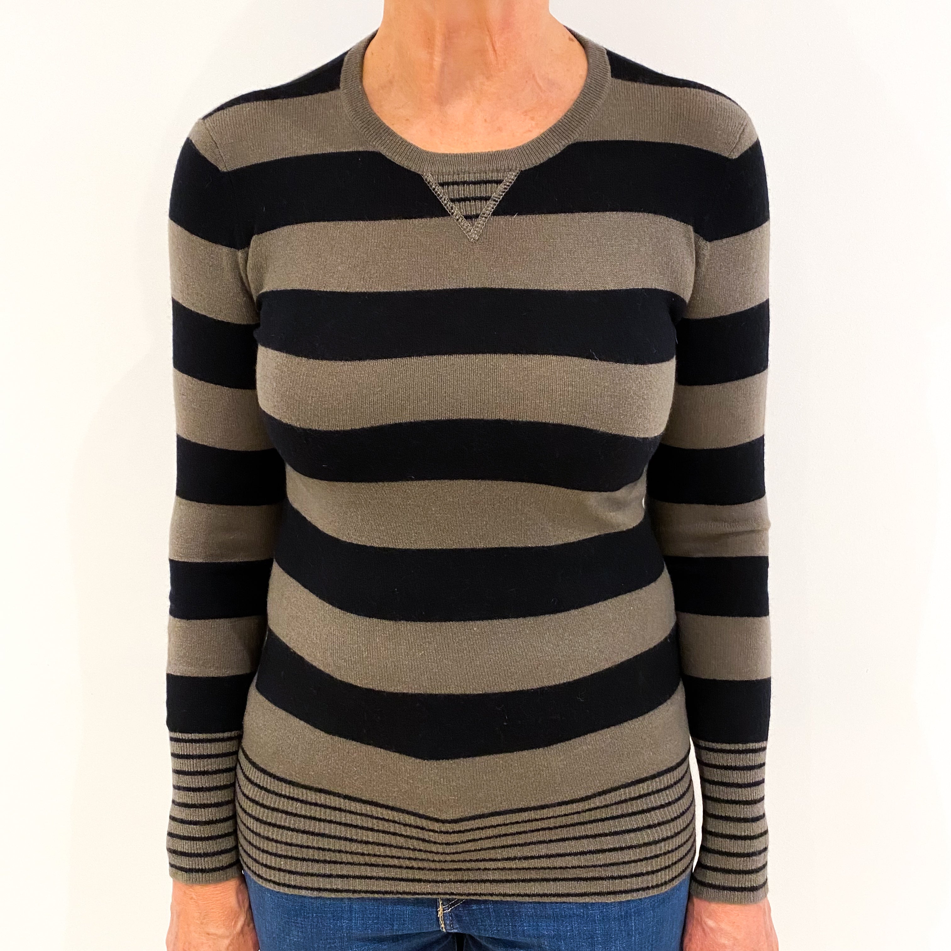 Mocha and Black Stripe Cashmere Crew Neck Jumper Medium