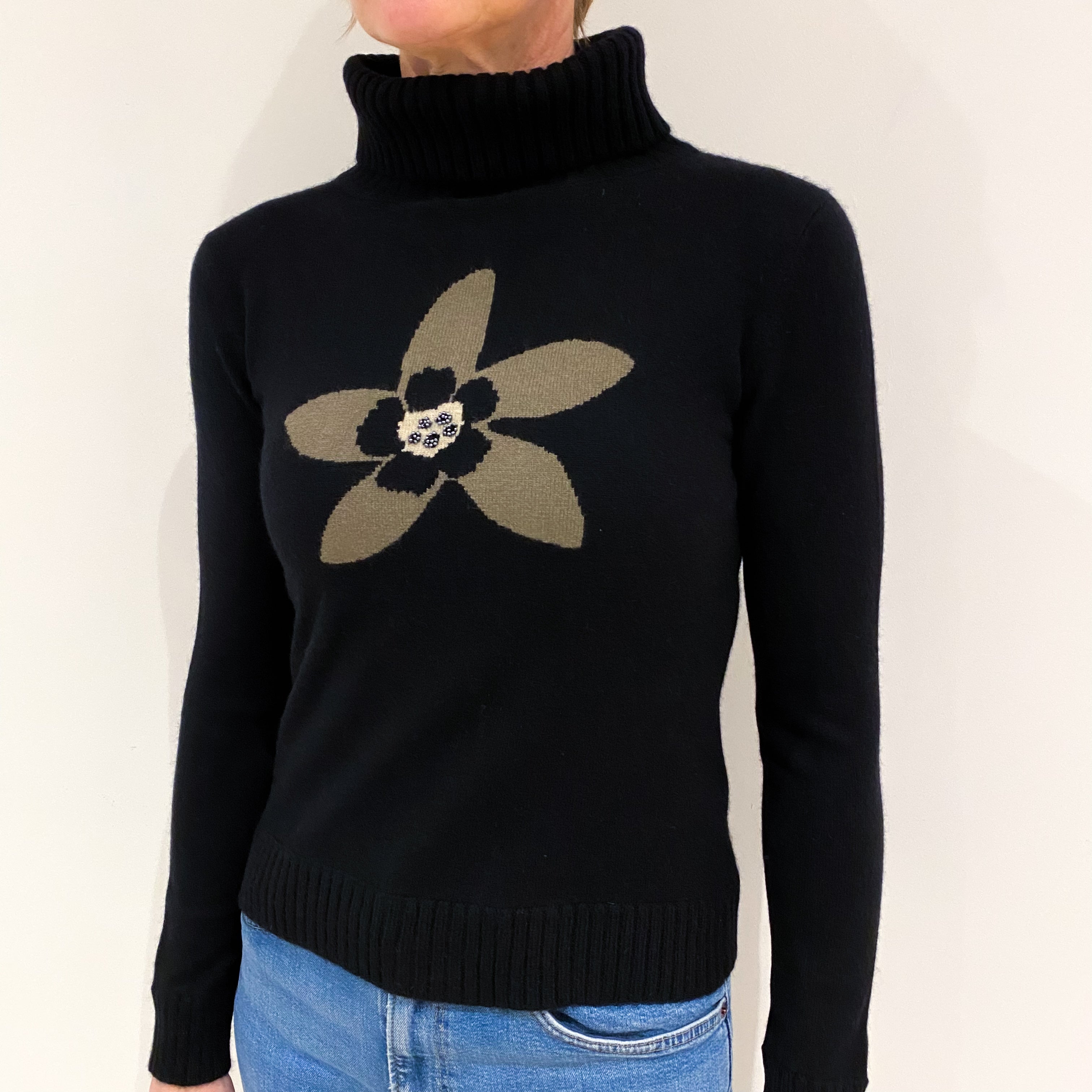 Black with Khaki Flower Design and Bead Embellishment Cashmere Polo Neck Jumper Small