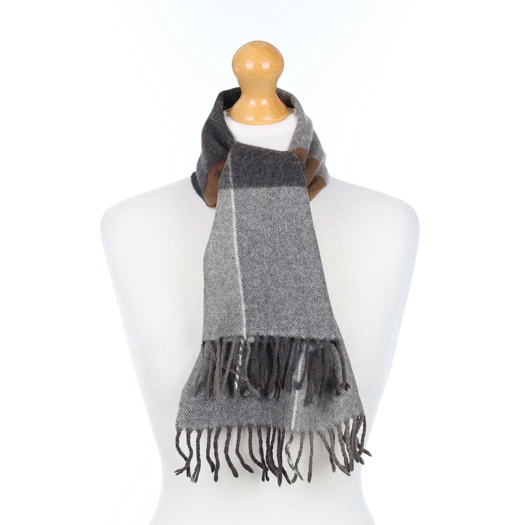 Grey and Brown Checked Woven Cashmere Scarf