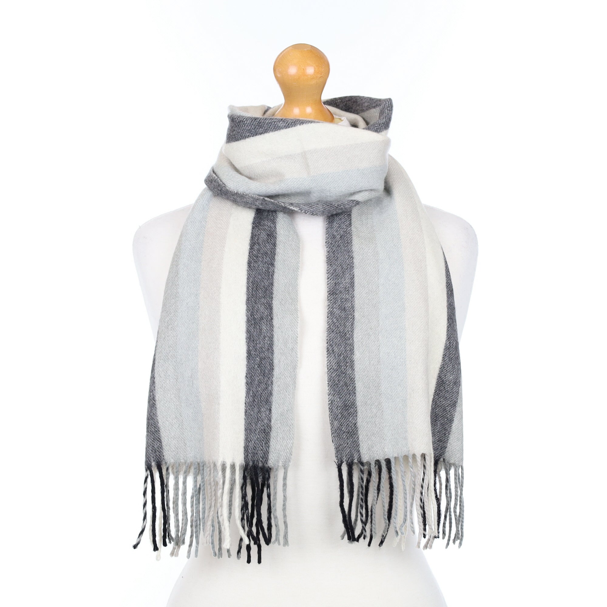 Grey and Cream Striped Woven Cashmere Scarf