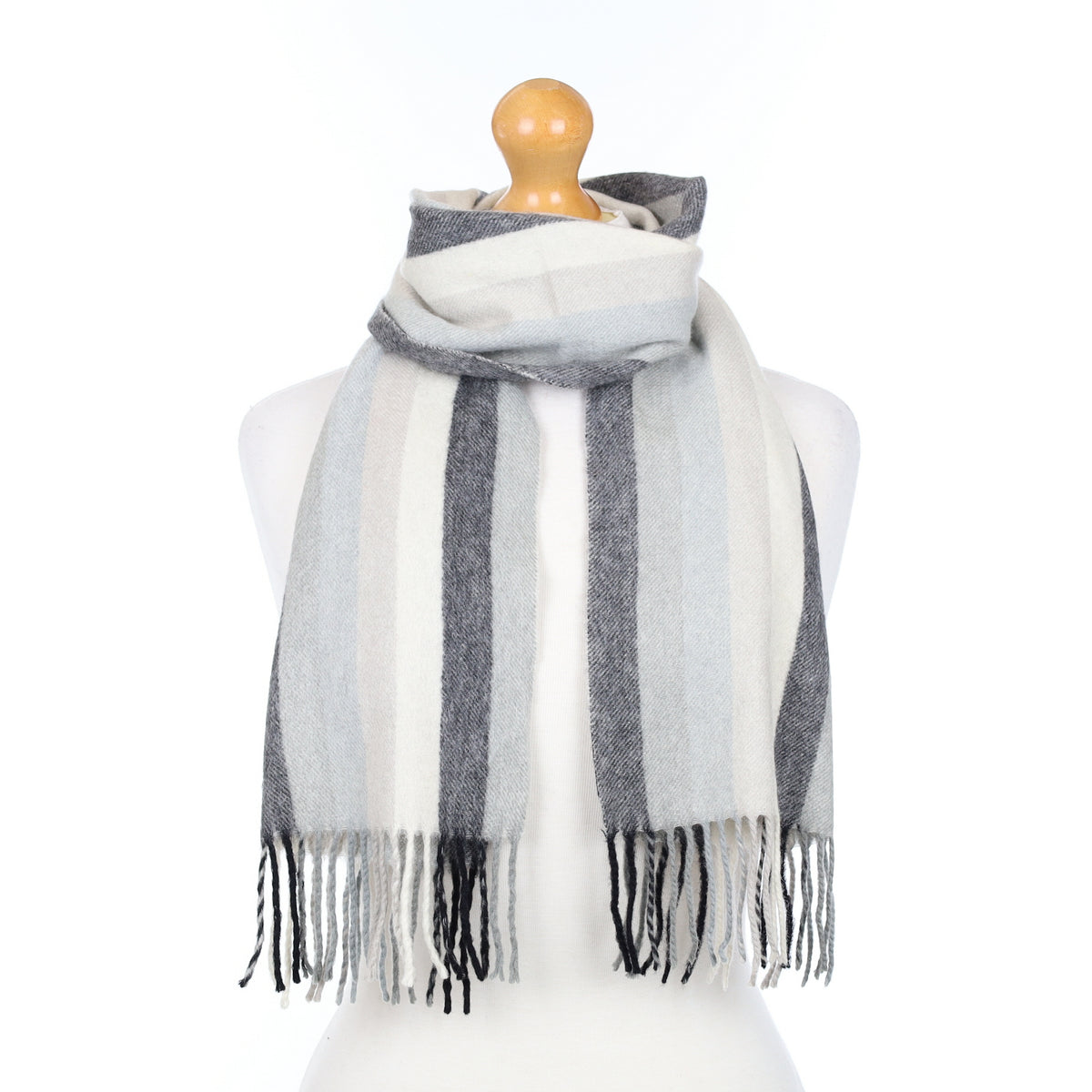 Grey and Cream Striped Woven Cashmere Scarf