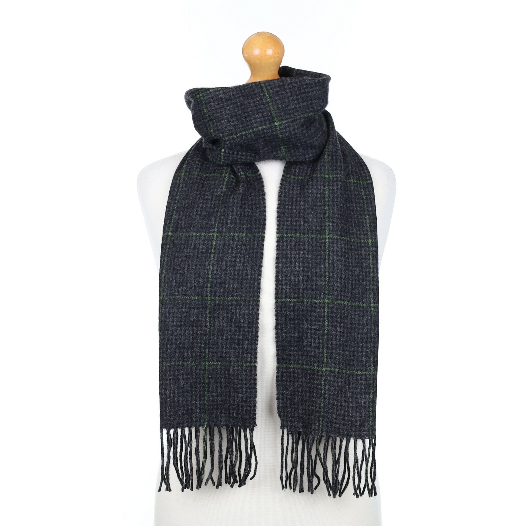 Charcoal Grey and Green Checked Woven Cashmere Scarf